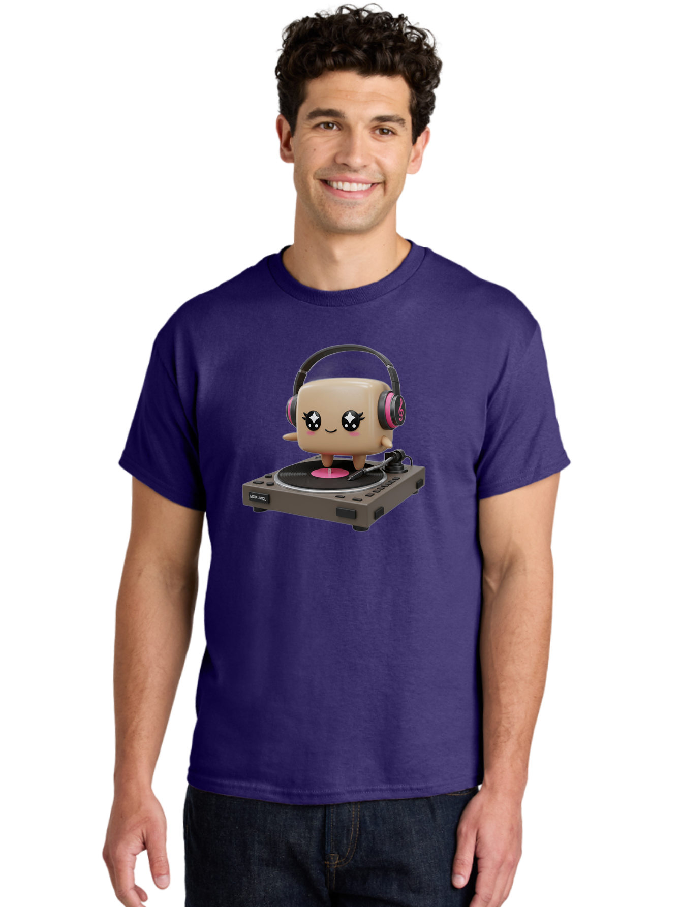 Nendoroid-Dj Men'S Graphic Tee, 100% Cotton, Comfortable Casual Summer Wear, Machine Washable, Vinyl Record Player, Kawaii Character, Robot Dj, Morikoki Brand, Cute Illustration, Pop Culture, Music Lover, Dj Equipment, Retro Style, Fun Design Bad359