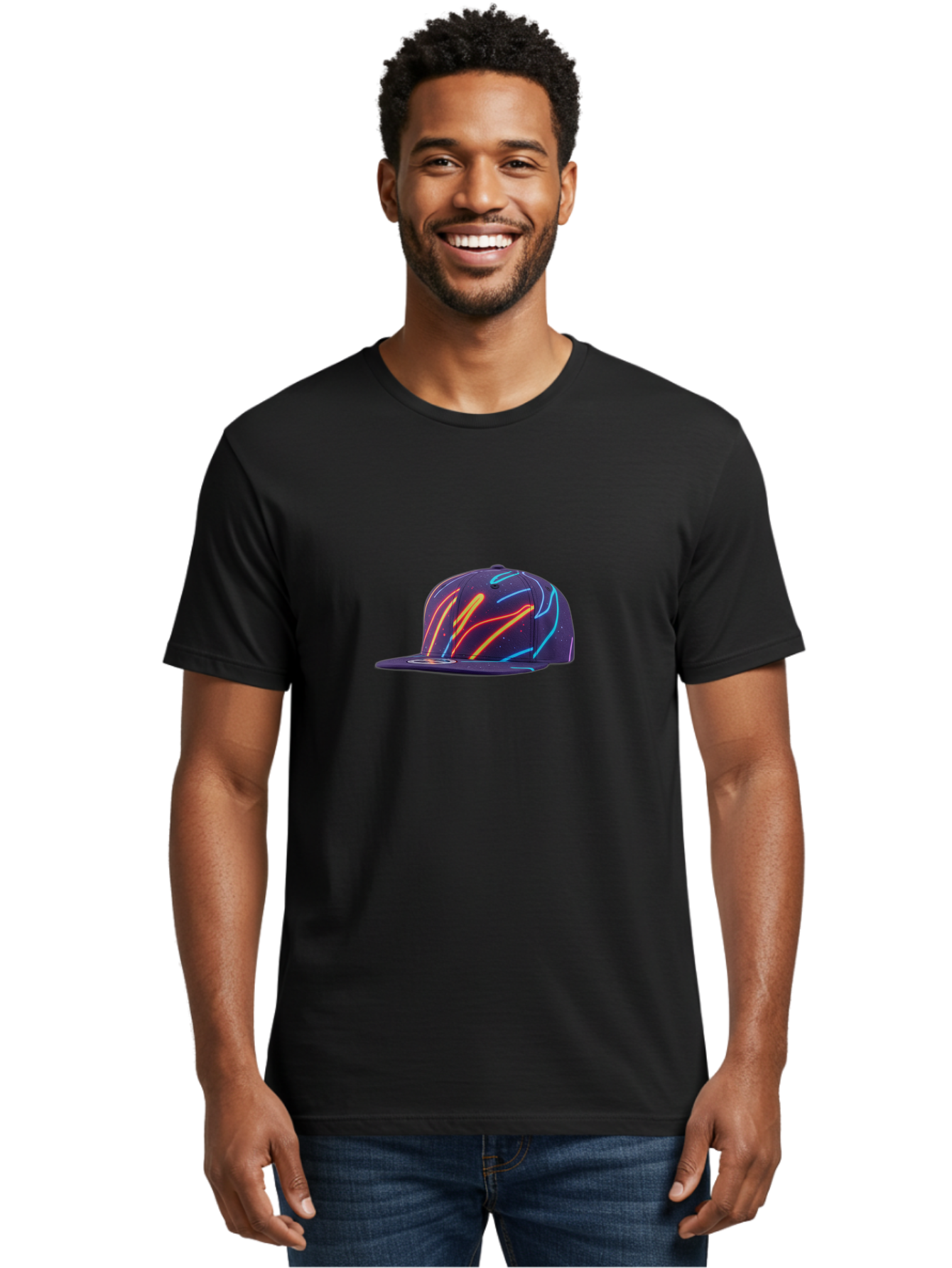 Neon-Baseball-Cap Men'S Graphic Tee, 100% Cotton, Comfortable Casual Summer Wear, Machine Washable, Baseball Cap, Neon Lights, Swirling Patterns, Vibrant Colors, Streetwear Fashion, Trendy Accessories, Glow-In-The-Dark, Neon Designs, Bad360
