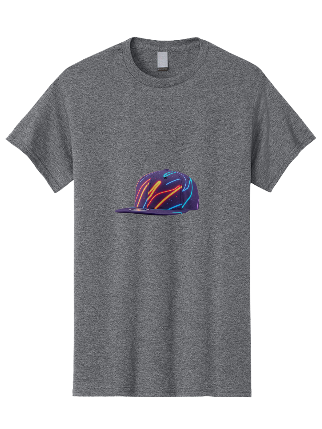Neon-Baseball-Cap Men'S Graphic Tee, 100% Cotton, Comfortable Casual Summer Wear, Machine Washable, Baseball Cap, Neon Lights, Swirling Patterns, Vibrant Colors, Streetwear Fashion, Trendy Accessories, Glow-In-The-Dark, Neon Designs, Bad360