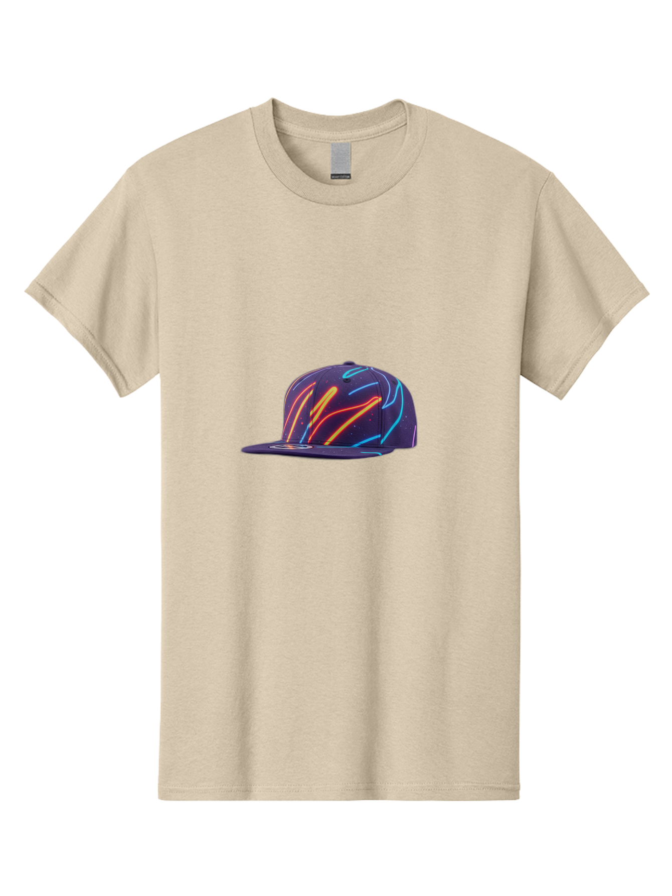 Neon-Baseball-Cap Men'S Graphic Tee, 100% Cotton, Comfortable Casual Summer Wear, Machine Washable, Baseball Cap, Neon Lights, Swirling Patterns, Vibrant Colors, Streetwear Fashion, Trendy Accessories, Glow-In-The-Dark, Neon Designs, Bad360