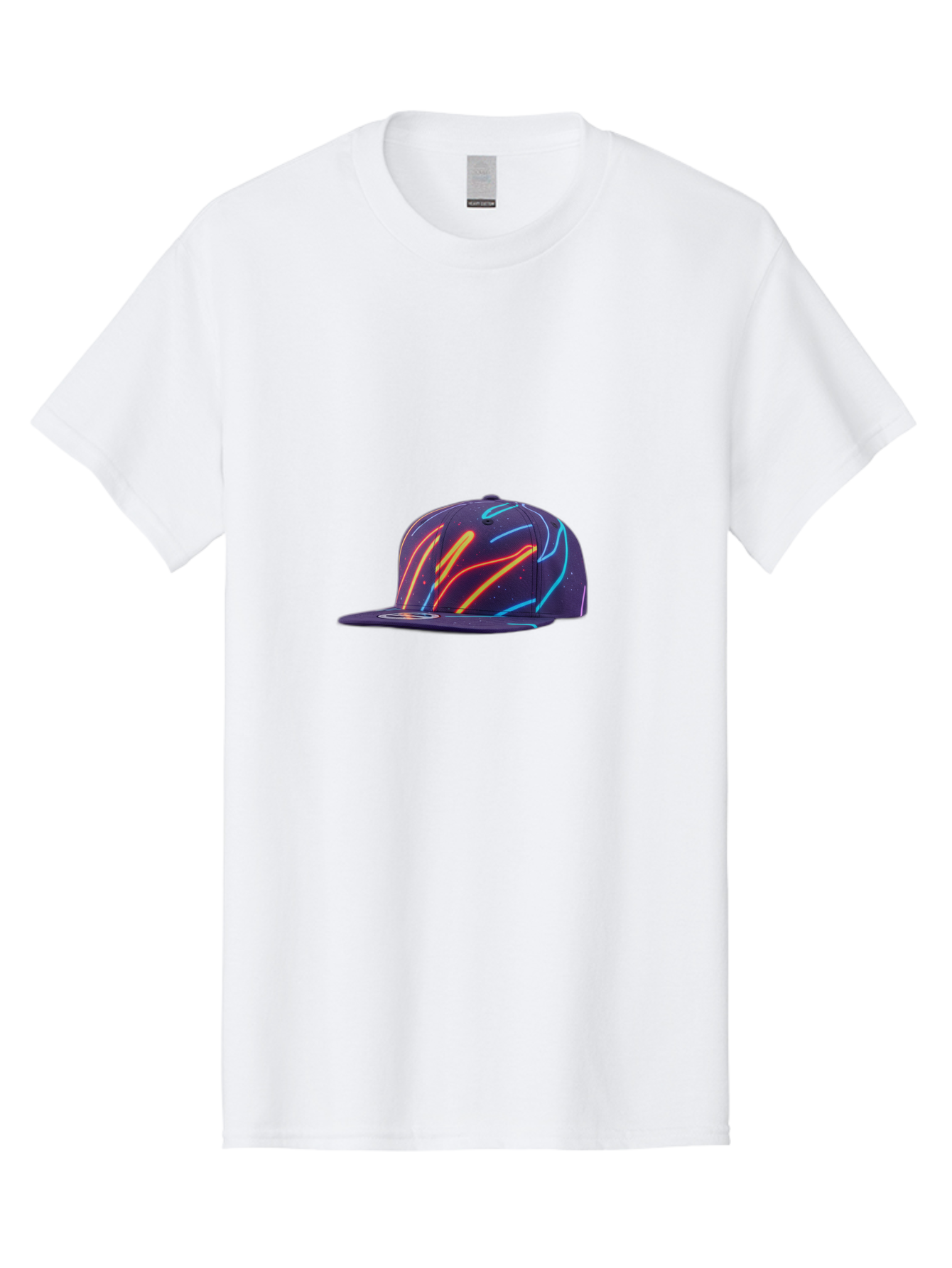 Neon-Baseball-Cap Men'S Graphic Tee, 100% Cotton, Comfortable Casual Summer Wear, Machine Washable, Baseball Cap, Neon Lights, Swirling Patterns, Vibrant Colors, Streetwear Fashion, Trendy Accessories, Glow-In-The-Dark, Neon Designs, Bad360