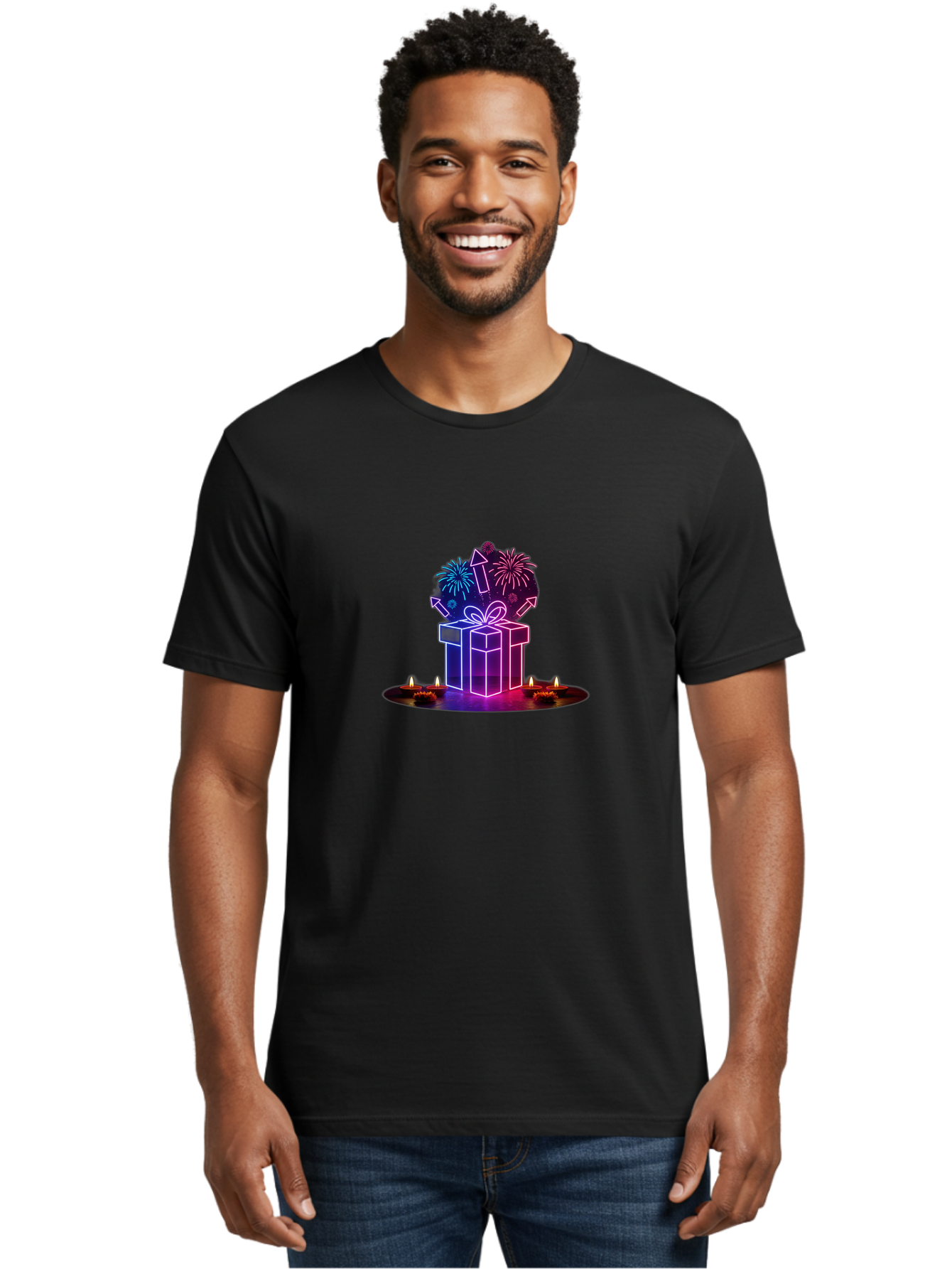 Neon-Gift-Box Men'S Graphic Tee, 100% Cotton, Comfortable Casual Summer Wear, Machine Washable, Neon Gift Box, Fireworks Explosion, Celebratory Theme, Purple And Pink Hues, Glowing Candles, Festive Atmosphere, Party Decoration, Bad361