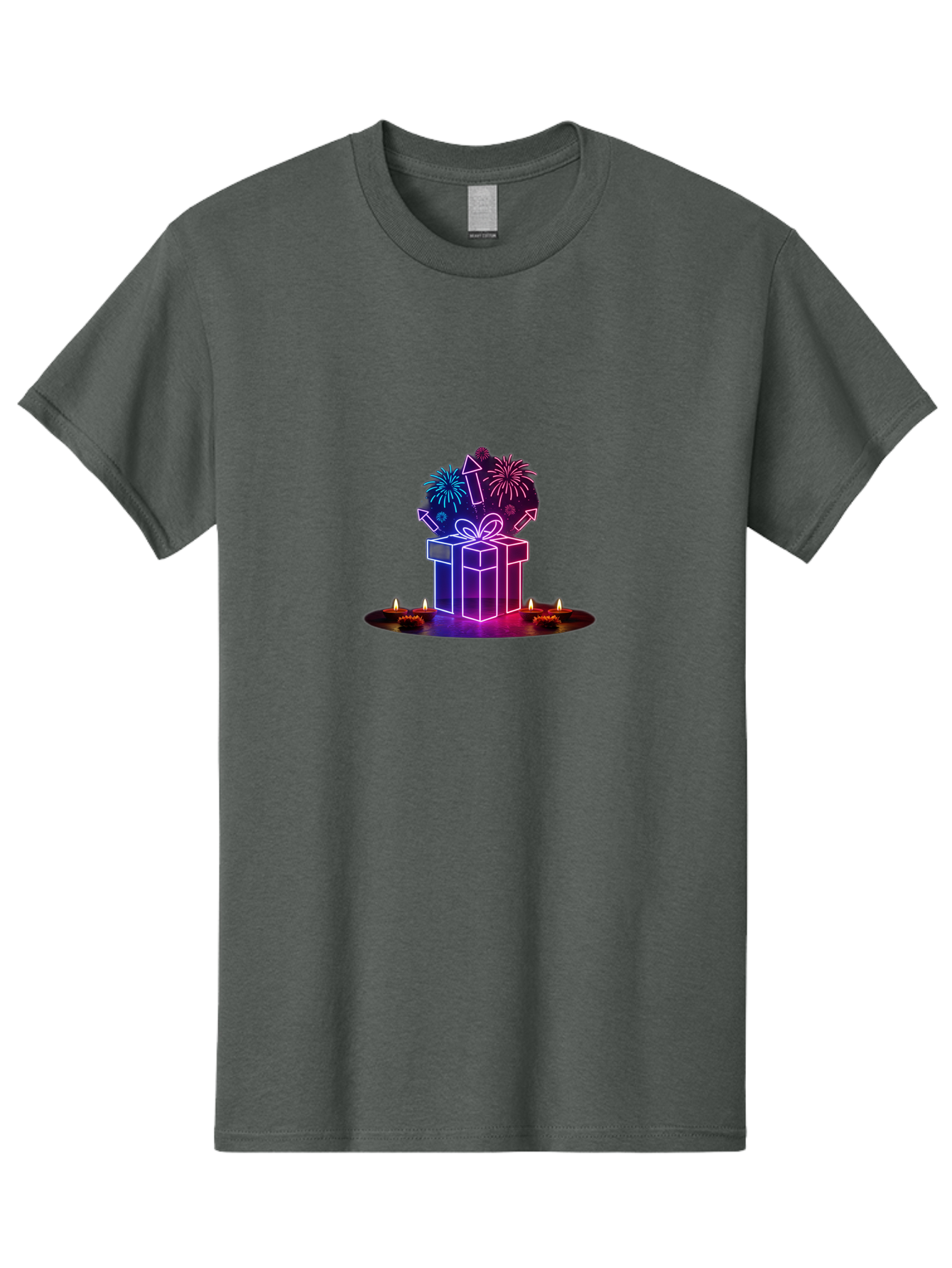 Neon-Gift-Box Men'S Graphic Tee, 100% Cotton, Comfortable Casual Summer Wear, Machine Washable, Neon Gift Box, Fireworks Explosion, Celebratory Theme, Purple And Pink Hues, Glowing Candles, Festive Atmosphere, Party Decoration, Bad361