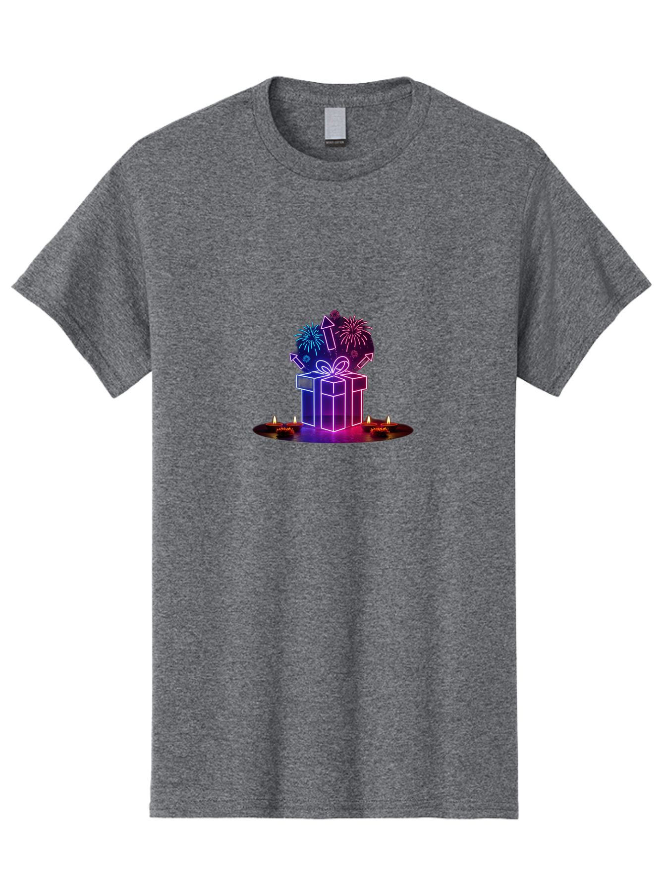 Neon-Gift-Box Men'S Graphic Tee, 100% Cotton, Comfortable Casual Summer Wear, Machine Washable, Neon Gift Box, Fireworks Explosion, Celebratory Theme, Purple And Pink Hues, Glowing Candles, Festive Atmosphere, Party Decoration, Bad361