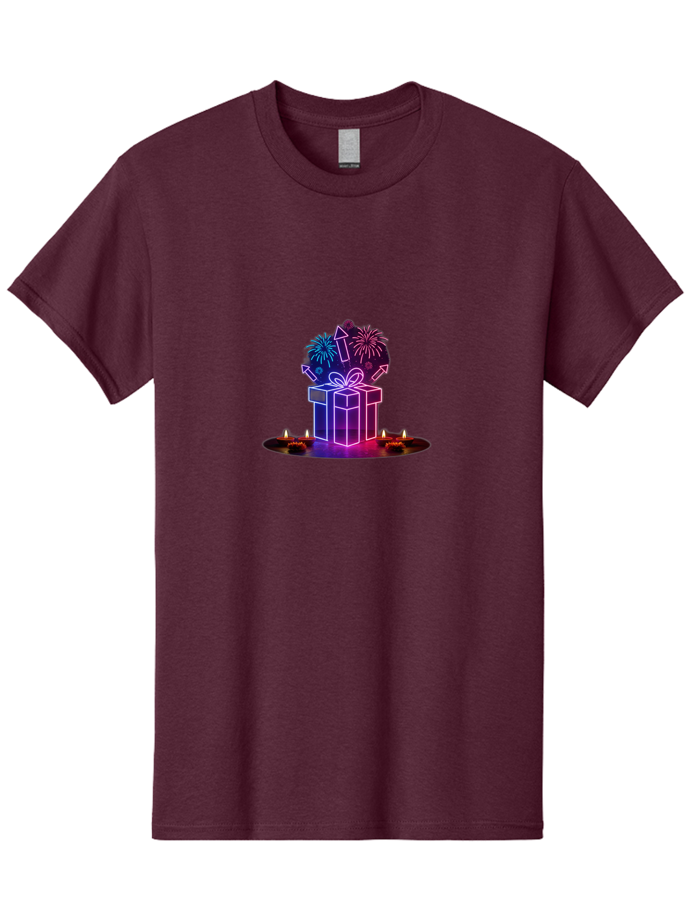 Neon-Gift-Box Men'S Graphic Tee, 100% Cotton, Comfortable Casual Summer Wear, Machine Washable, Neon Gift Box, Fireworks Explosion, Celebratory Theme, Purple And Pink Hues, Glowing Candles, Festive Atmosphere, Party Decoration, Bad361