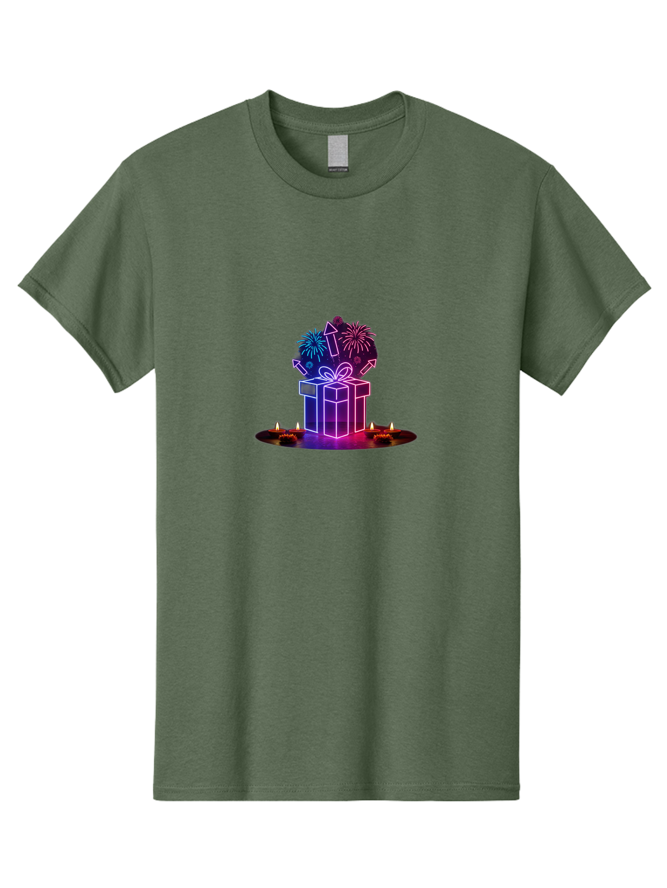 Neon-Gift-Box Men'S Graphic Tee, 100% Cotton, Comfortable Casual Summer Wear, Machine Washable, Neon Gift Box, Fireworks Explosion, Celebratory Theme, Purple And Pink Hues, Glowing Candles, Festive Atmosphere, Party Decoration, Bad361