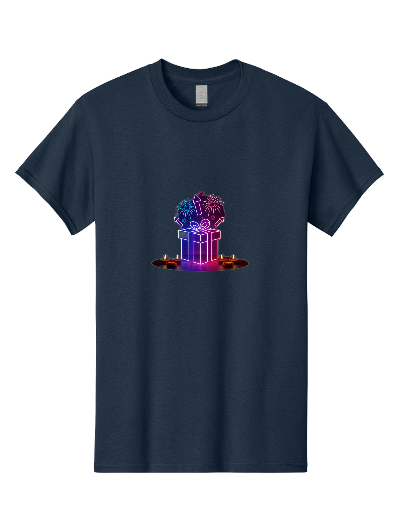 Neon-Gift-Box Men'S Graphic Tee, 100% Cotton, Comfortable Casual Summer Wear, Machine Washable, Neon Gift Box, Fireworks Explosion, Celebratory Theme, Purple And Pink Hues, Glowing Candles, Festive Atmosphere, Party Decoration, Bad361