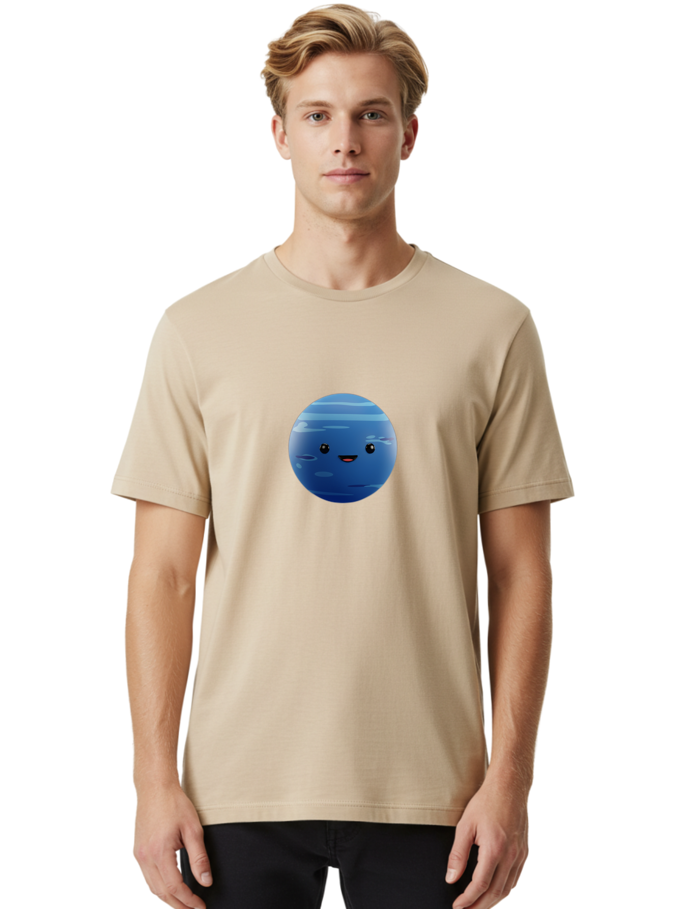Neptune Men'S Graphic Tee, 100% Cotton, Comfortable Casual Summer Wear, Machine Washable, Cartoon Neptune, Smiling Planet, Blue Planet, Gas Giant, Solar System, Cartoon Character, Astronomy, Space Bad362