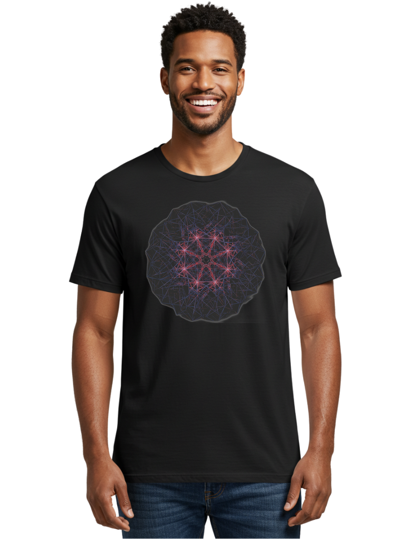Network-Cluster Men'S Graphic Tee, 100% Cotton, Comfortable Casual Summer Wear, Machine Washable, Complex Network, Interconnected Nodes, Red And Blue Lines, Futuristic Design, Abstract Pattern, Web-Like Structure, Technological Innovation, Bad363