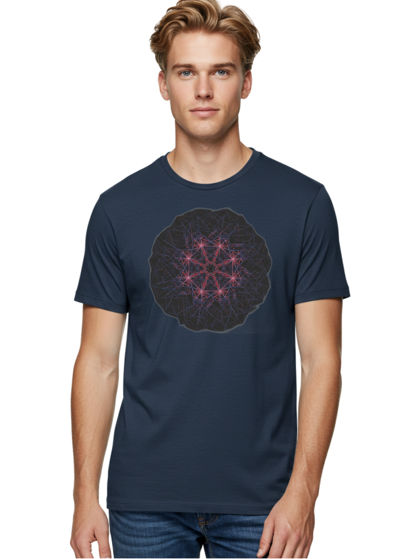 Network-Cluster Men'S Graphic Tee, 100% Cotton, Comfortable Casual Summer Wear, Machine Washable, Complex Network, Interconnected Nodes, Red And Blue Lines, Futuristic Design, Abstract Pattern, Web-Like Structure, Technological Innovation, Bad363
