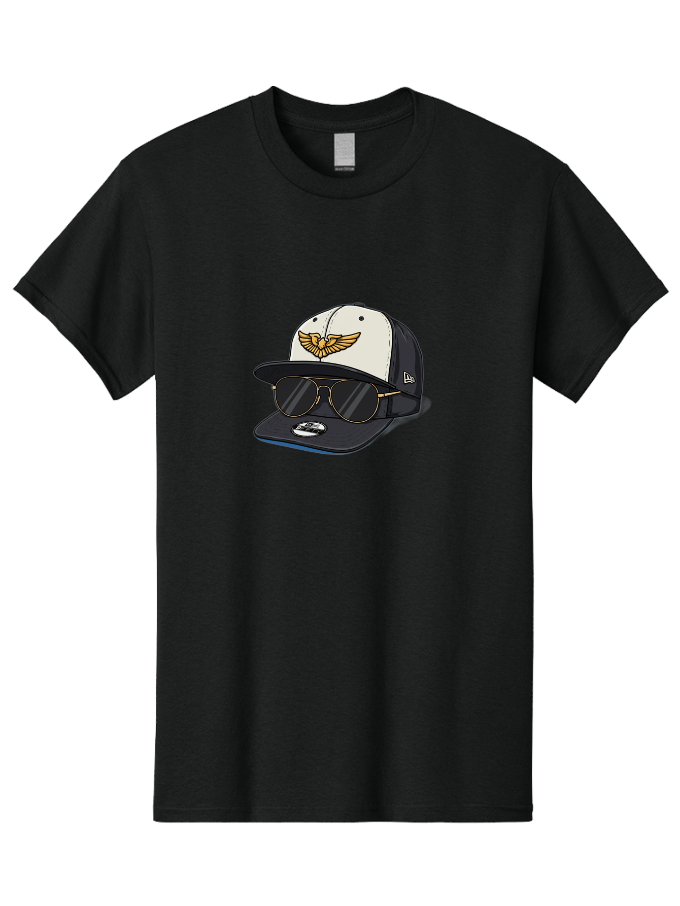 New-Era-Baseball-Cap-1 Men'S Graphic Tee, 100% Cotton, Comfortable Casual Summer Wear, Machine Washable, Baseball Cap, New Era Logo, Gold Eagle Emblem, Sunglasses, Gold Aviators, Stylish Accessories, Fashion Hat, Casual Wear, Streetwear, Bad364