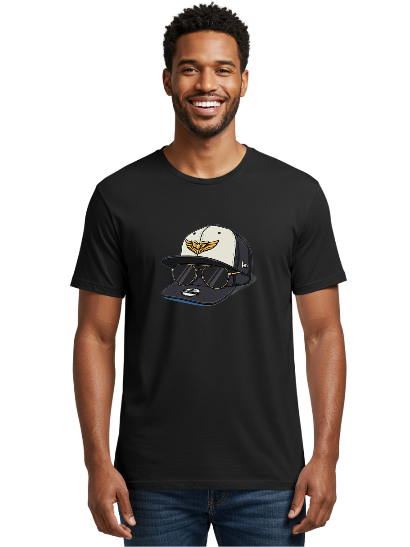 New-Era-Baseball-Cap-1 Men'S Graphic Tee, 100% Cotton, Comfortable Casual Summer Wear, Machine Washable, Baseball Cap, New Era Logo, Gold Eagle Emblem, Sunglasses, Gold Aviators, Stylish Accessories, Fashion Hat, Casual Wear, Streetwear, Bad364