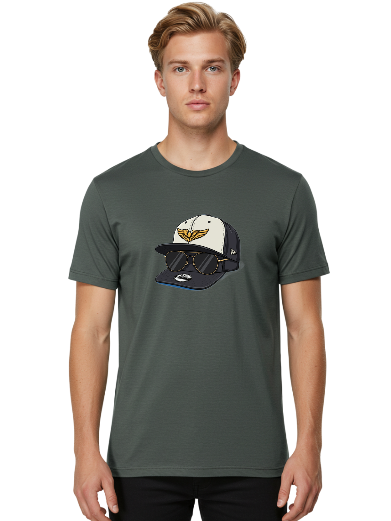 New-Era-Baseball-Cap-1 Men'S Graphic Tee, 100% Cotton, Comfortable Casual Summer Wear, Machine Washable, Baseball Cap, New Era Logo, Gold Eagle Emblem, Sunglasses, Gold Aviators, Stylish Accessories, Fashion Hat, Casual Wear, Streetwear, Bad364