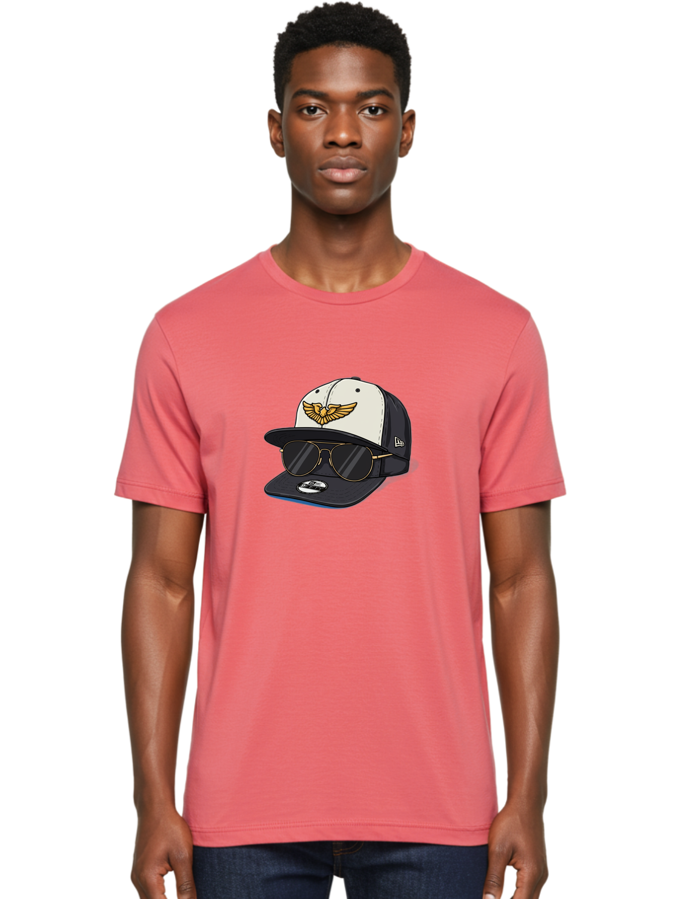 New-Era-Baseball-Cap-1 Men'S Graphic Tee, 100% Cotton, Comfortable Casual Summer Wear, Machine Washable, Baseball Cap, New Era Logo, Gold Eagle Emblem, Sunglasses, Gold Aviators, Stylish Accessories, Fashion Hat, Casual Wear, Streetwear, Bad364