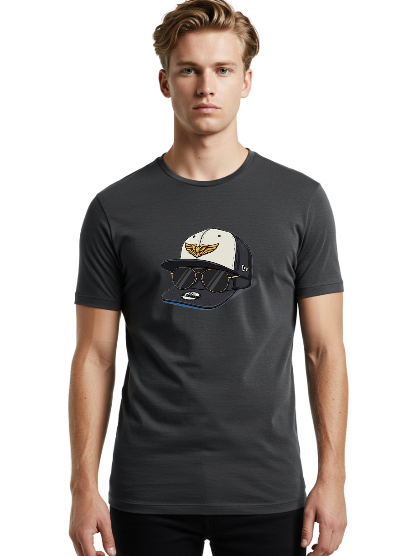 New-Era-Baseball-Cap-1 Men'S Graphic Tee, 100% Cotton, Comfortable Casual Summer Wear, Machine Washable, Baseball Cap, New Era Logo, Gold Eagle Emblem, Sunglasses, Gold Aviators, Stylish Accessories, Fashion Hat, Casual Wear, Streetwear, Bad364