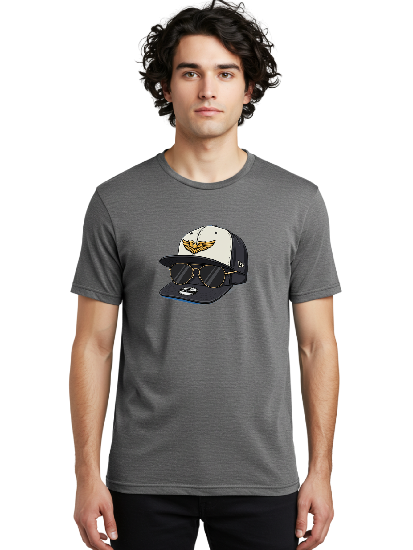 New-Era-Baseball-Cap-1 Men'S Graphic Tee, 100% Cotton, Comfortable Casual Summer Wear, Machine Washable, Baseball Cap, New Era Logo, Gold Eagle Emblem, Sunglasses, Gold Aviators, Stylish Accessories, Fashion Hat, Casual Wear, Streetwear, Bad364