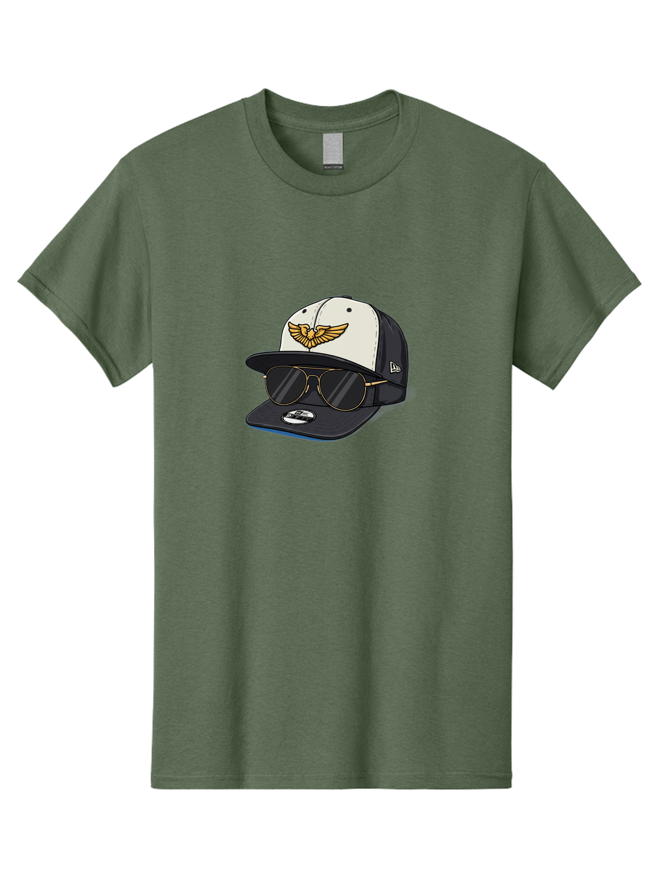 New-Era-Baseball-Cap-1 Men'S Graphic Tee, 100% Cotton, Comfortable Casual Summer Wear, Machine Washable, Baseball Cap, New Era Logo, Gold Eagle Emblem, Sunglasses, Gold Aviators, Stylish Accessories, Fashion Hat, Casual Wear, Streetwear, Bad364
