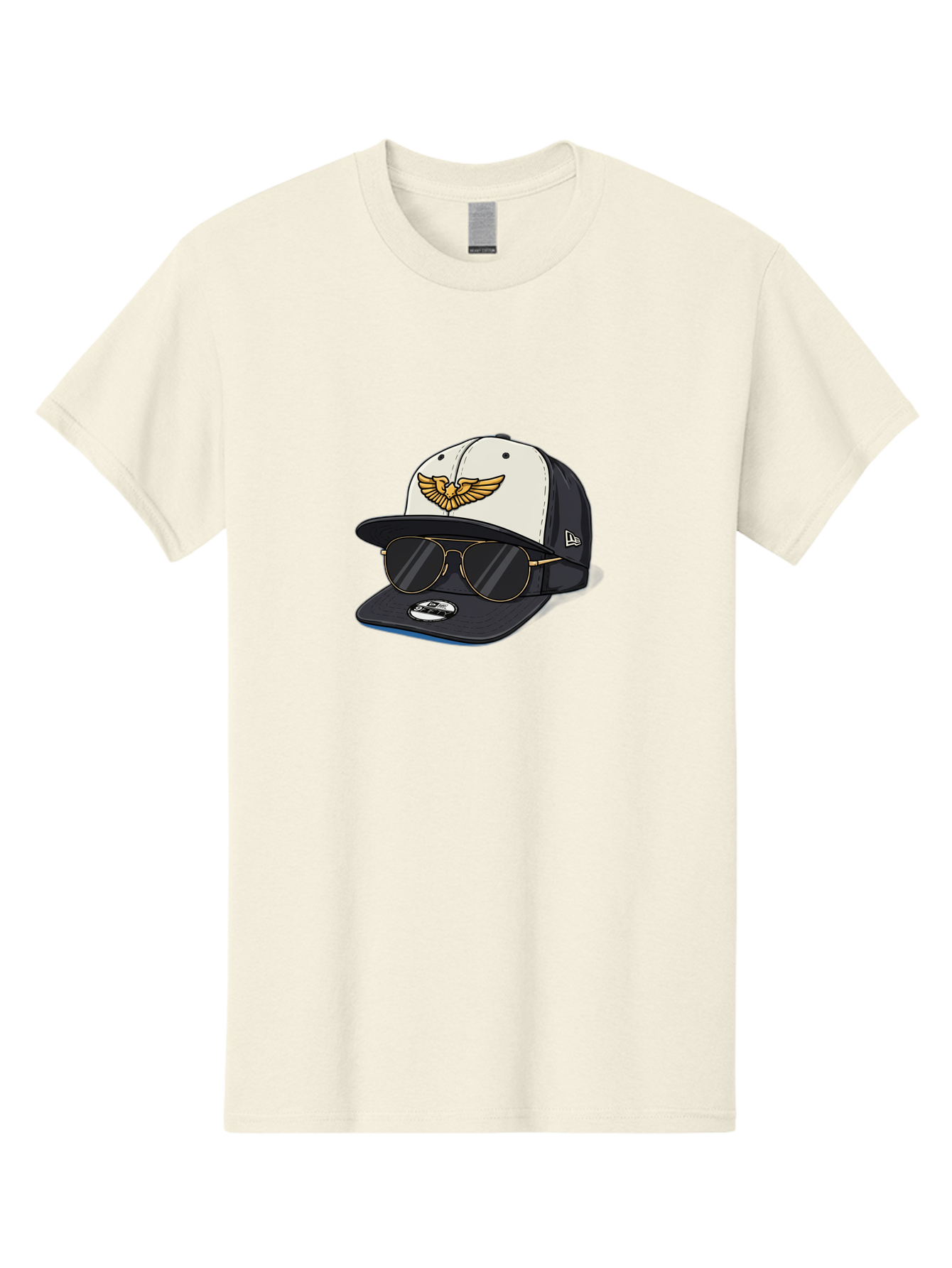 New-Era-Baseball-Cap-1 Men'S Graphic Tee, 100% Cotton, Comfortable Casual Summer Wear, Machine Washable, Baseball Cap, New Era Logo, Gold Eagle Emblem, Sunglasses, Gold Aviators, Stylish Accessories, Fashion Hat, Casual Wear, Streetwear, Bad364