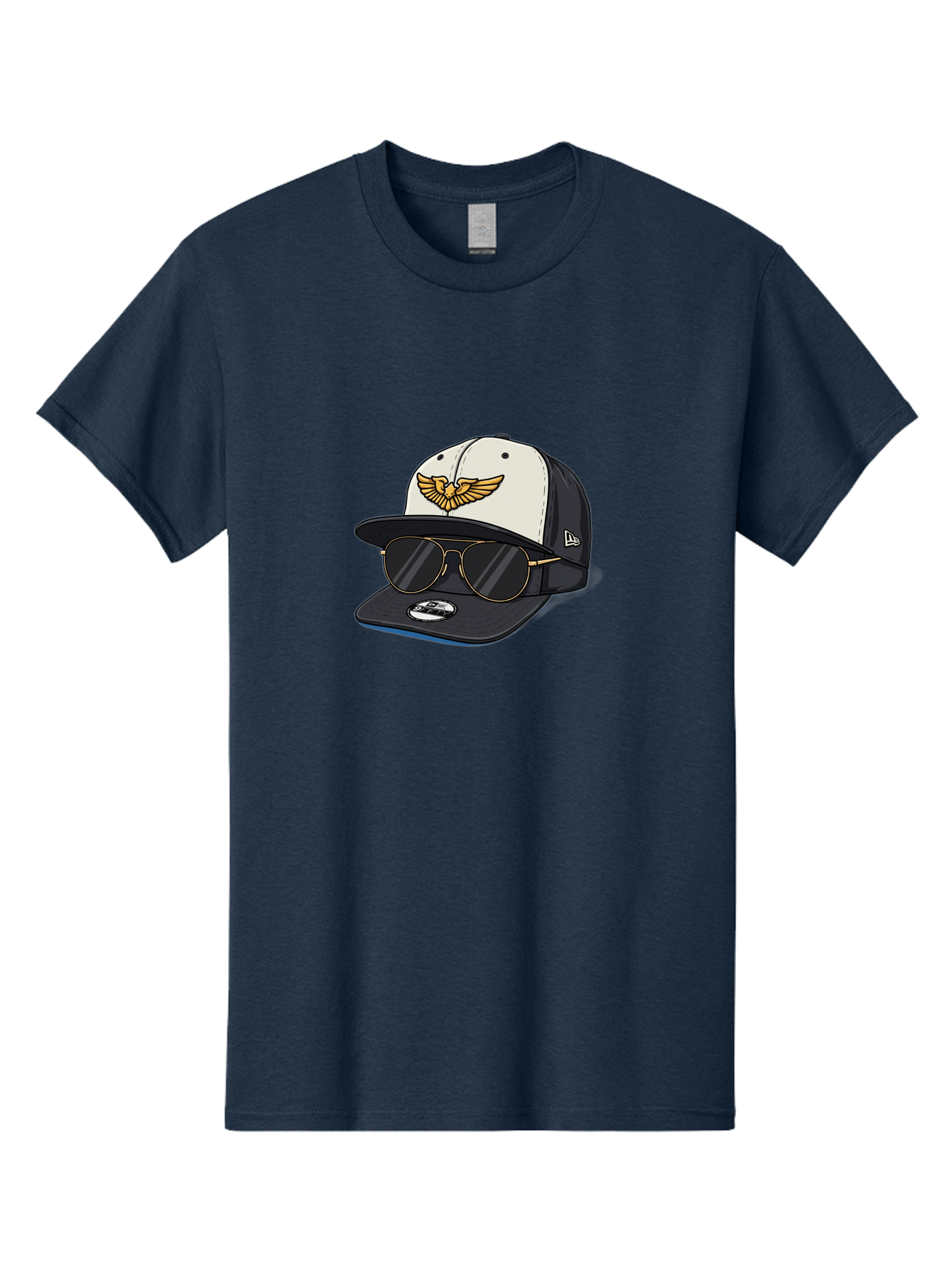 New-Era-Baseball-Cap-1 Men'S Graphic Tee, 100% Cotton, Comfortable Casual Summer Wear, Machine Washable, Baseball Cap, New Era Logo, Gold Eagle Emblem, Sunglasses, Gold Aviators, Stylish Accessories, Fashion Hat, Casual Wear, Streetwear, Bad364
