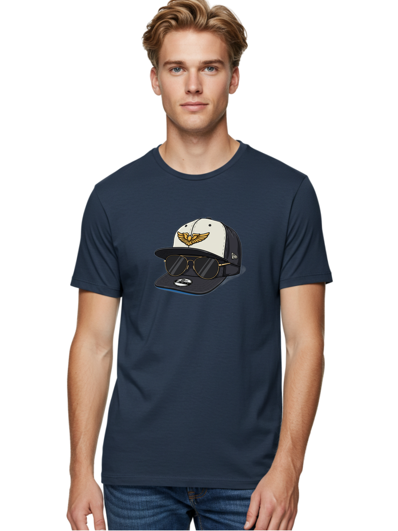 New-Era-Baseball-Cap-1 Men'S Graphic Tee, 100% Cotton, Comfortable Casual Summer Wear, Machine Washable, Baseball Cap, New Era Logo, Gold Eagle Emblem, Sunglasses, Gold Aviators, Stylish Accessories, Fashion Hat, Casual Wear, Streetwear, Bad364