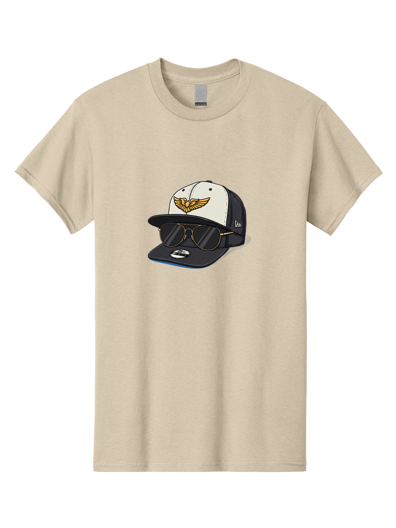 New-Era-Baseball-Cap-1 Men'S Graphic Tee, 100% Cotton, Comfortable Casual Summer Wear, Machine Washable, Baseball Cap, New Era Logo, Gold Eagle Emblem, Sunglasses, Gold Aviators, Stylish Accessories, Fashion Hat, Casual Wear, Streetwear, Bad364