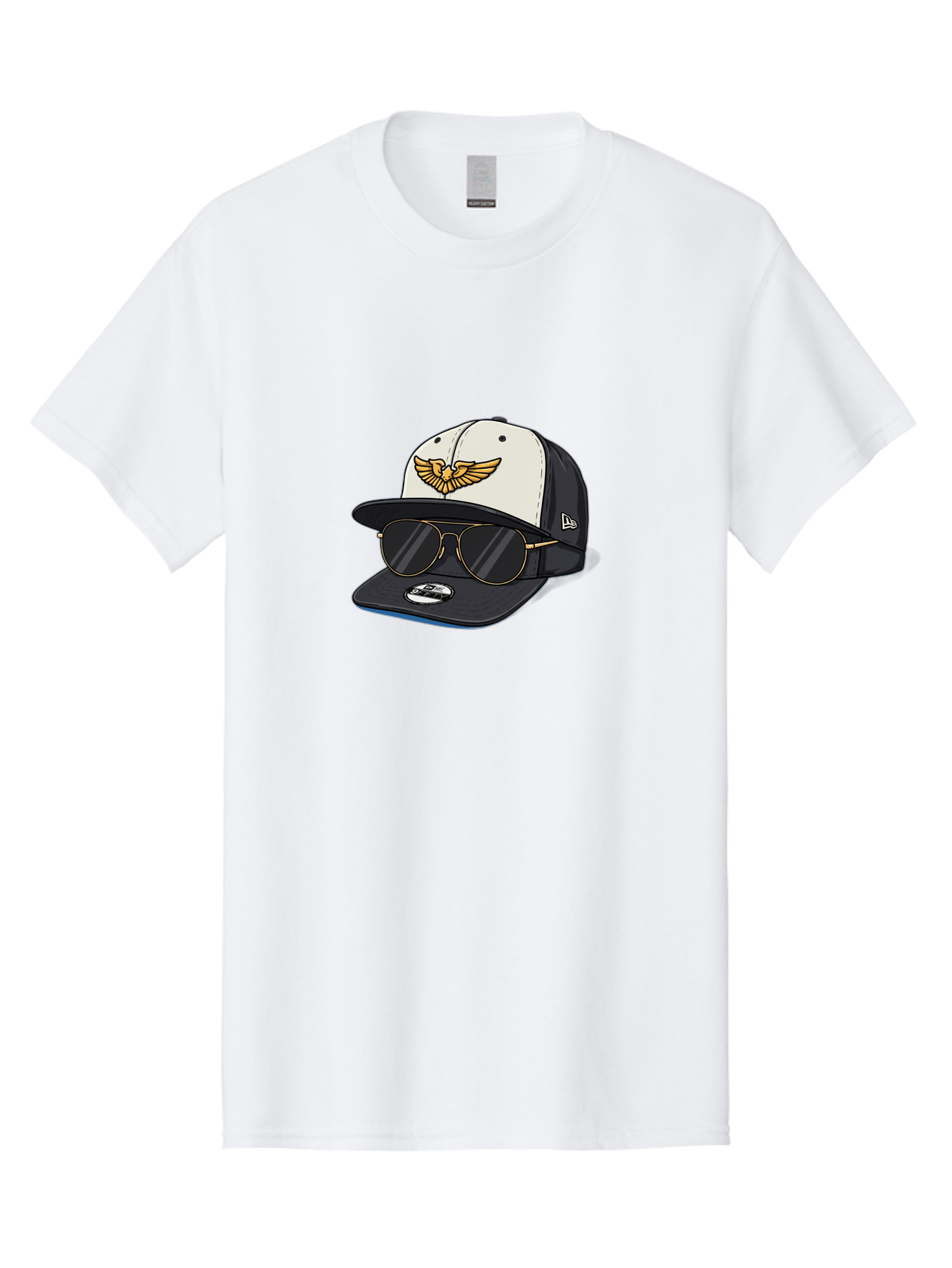 New-Era-Baseball-Cap-1 Men'S Graphic Tee, 100% Cotton, Comfortable Casual Summer Wear, Machine Washable, Baseball Cap, New Era Logo, Gold Eagle Emblem, Sunglasses, Gold Aviators, Stylish Accessories, Fashion Hat, Casual Wear, Streetwear, Bad364