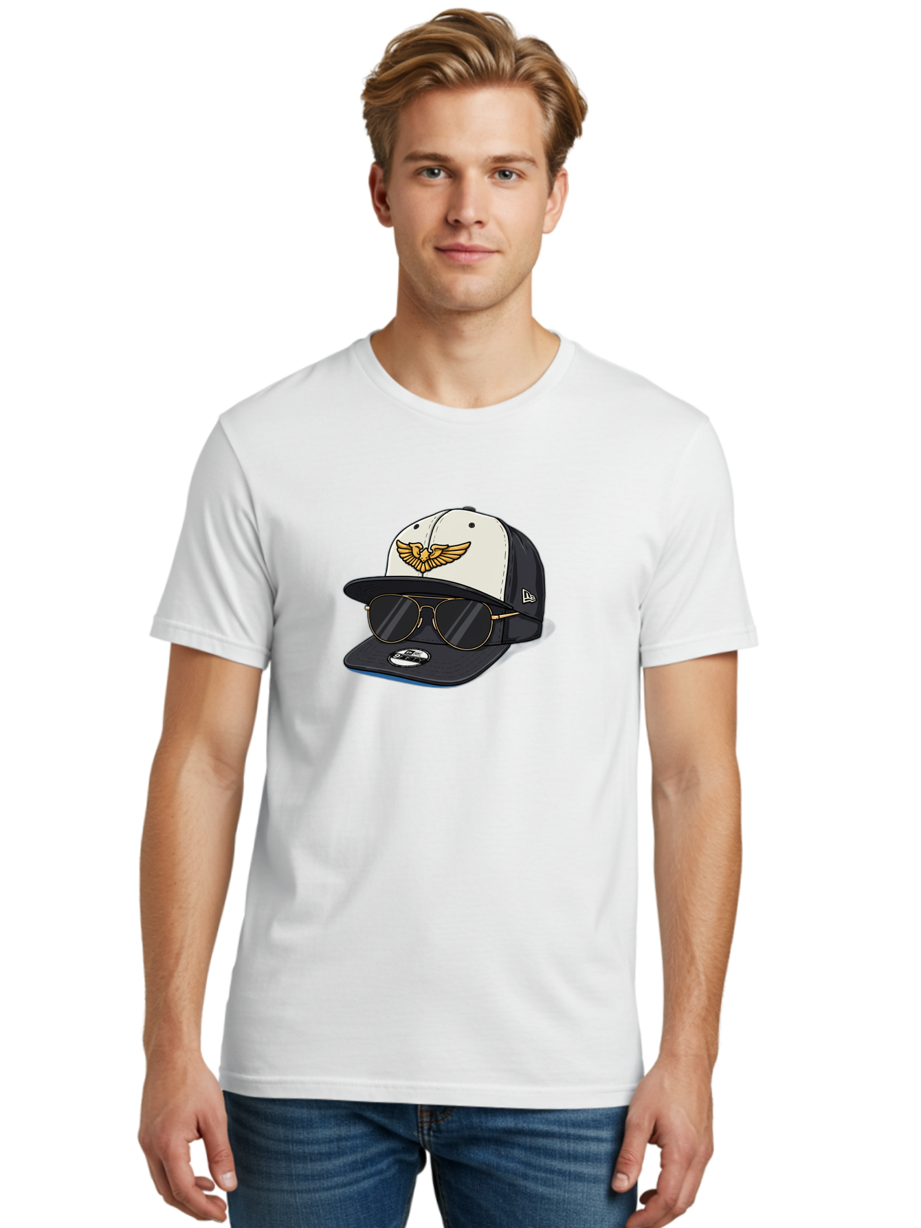 New-Era-Baseball-Cap-1 Men'S Graphic Tee, 100% Cotton, Comfortable Casual Summer Wear, Machine Washable, Baseball Cap, New Era Logo, Gold Eagle Emblem, Sunglasses, Gold Aviators, Stylish Accessories, Fashion Hat, Casual Wear, Streetwear, Bad364