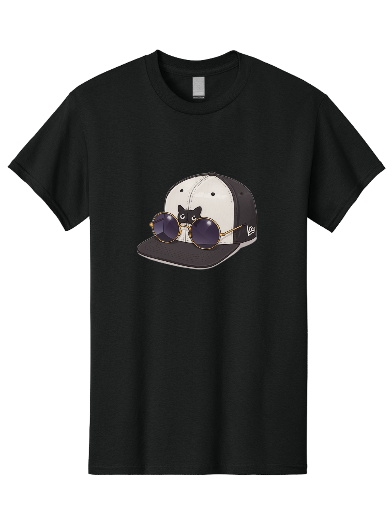 New-Era-Baseball-Cap Men'S Graphic Tee, 100% Cotton, Comfortable Casual Summer Wear, Machine Washable, Black And White Baseball Cap, New Era Logo, Cool Cat Design, Gold Aviator Sunglasses, Trendy Fashion Accessory, Stylish Hat, Bad365