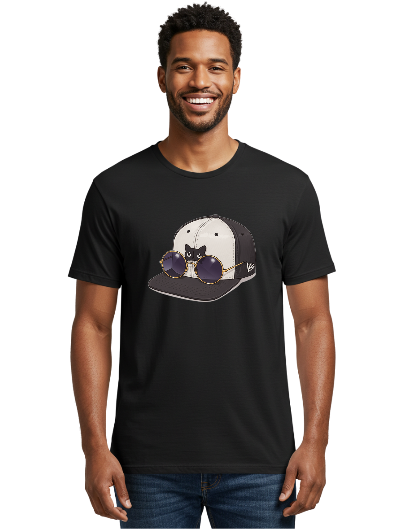 New-Era-Baseball-Cap Men'S Graphic Tee, 100% Cotton, Comfortable Casual Summer Wear, Machine Washable, Black And White Baseball Cap, New Era Logo, Cool Cat Design, Gold Aviator Sunglasses, Trendy Fashion Accessory, Stylish Hat, Bad365