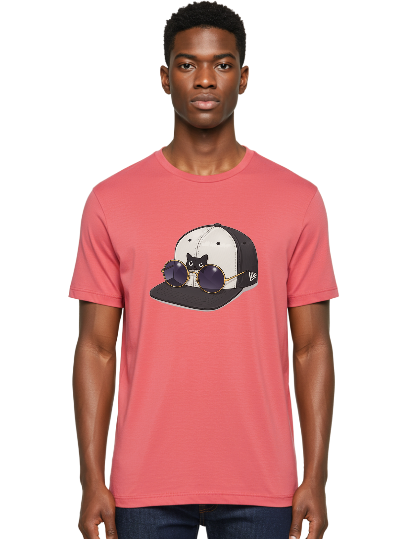 New-Era-Baseball-Cap Men'S Graphic Tee, 100% Cotton, Comfortable Casual Summer Wear, Machine Washable, Black And White Baseball Cap, New Era Logo, Cool Cat Design, Gold Aviator Sunglasses, Trendy Fashion Accessory, Stylish Hat, Bad365