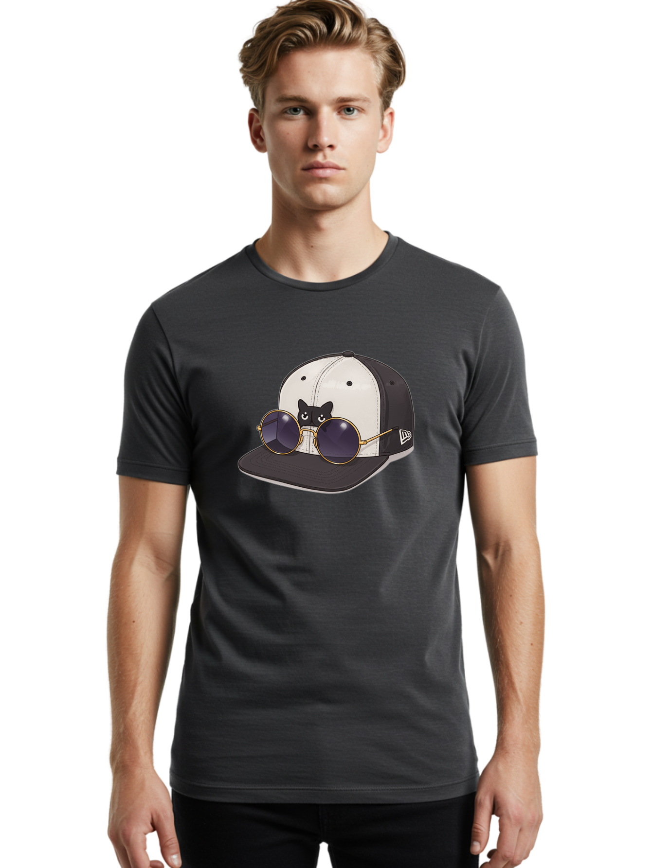 New-Era-Baseball-Cap Men'S Graphic Tee, 100% Cotton, Comfortable Casual Summer Wear, Machine Washable, Black And White Baseball Cap, New Era Logo, Cool Cat Design, Gold Aviator Sunglasses, Trendy Fashion Accessory, Stylish Hat, Bad365
