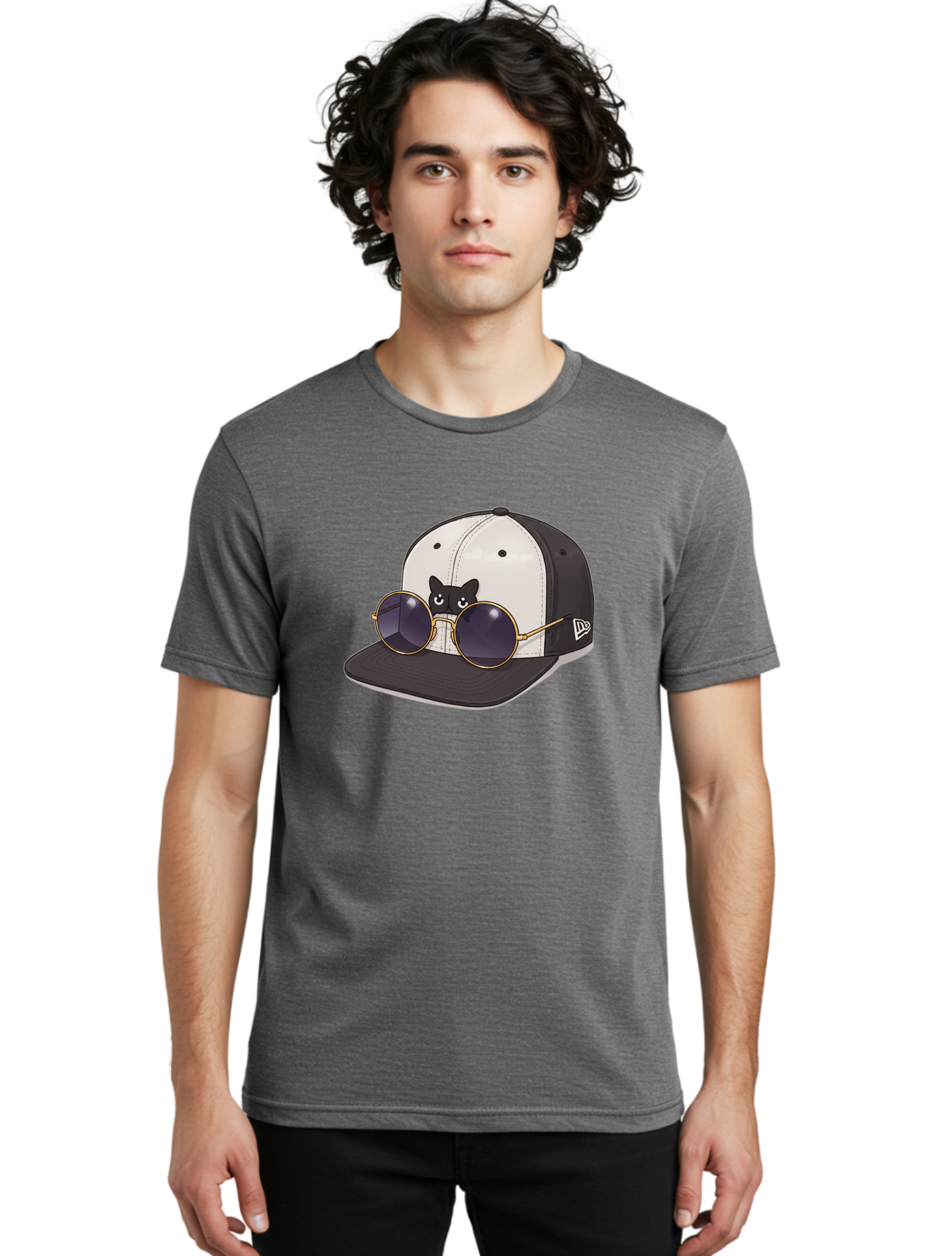 New-Era-Baseball-Cap Men'S Graphic Tee, 100% Cotton, Comfortable Casual Summer Wear, Machine Washable, Black And White Baseball Cap, New Era Logo, Cool Cat Design, Gold Aviator Sunglasses, Trendy Fashion Accessory, Stylish Hat, Bad365