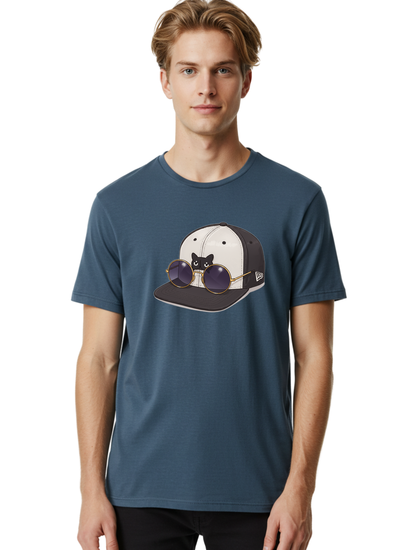 New-Era-Baseball-Cap Men'S Graphic Tee, 100% Cotton, Comfortable Casual Summer Wear, Machine Washable, Black And White Baseball Cap, New Era Logo, Cool Cat Design, Gold Aviator Sunglasses, Trendy Fashion Accessory, Stylish Hat, Bad365