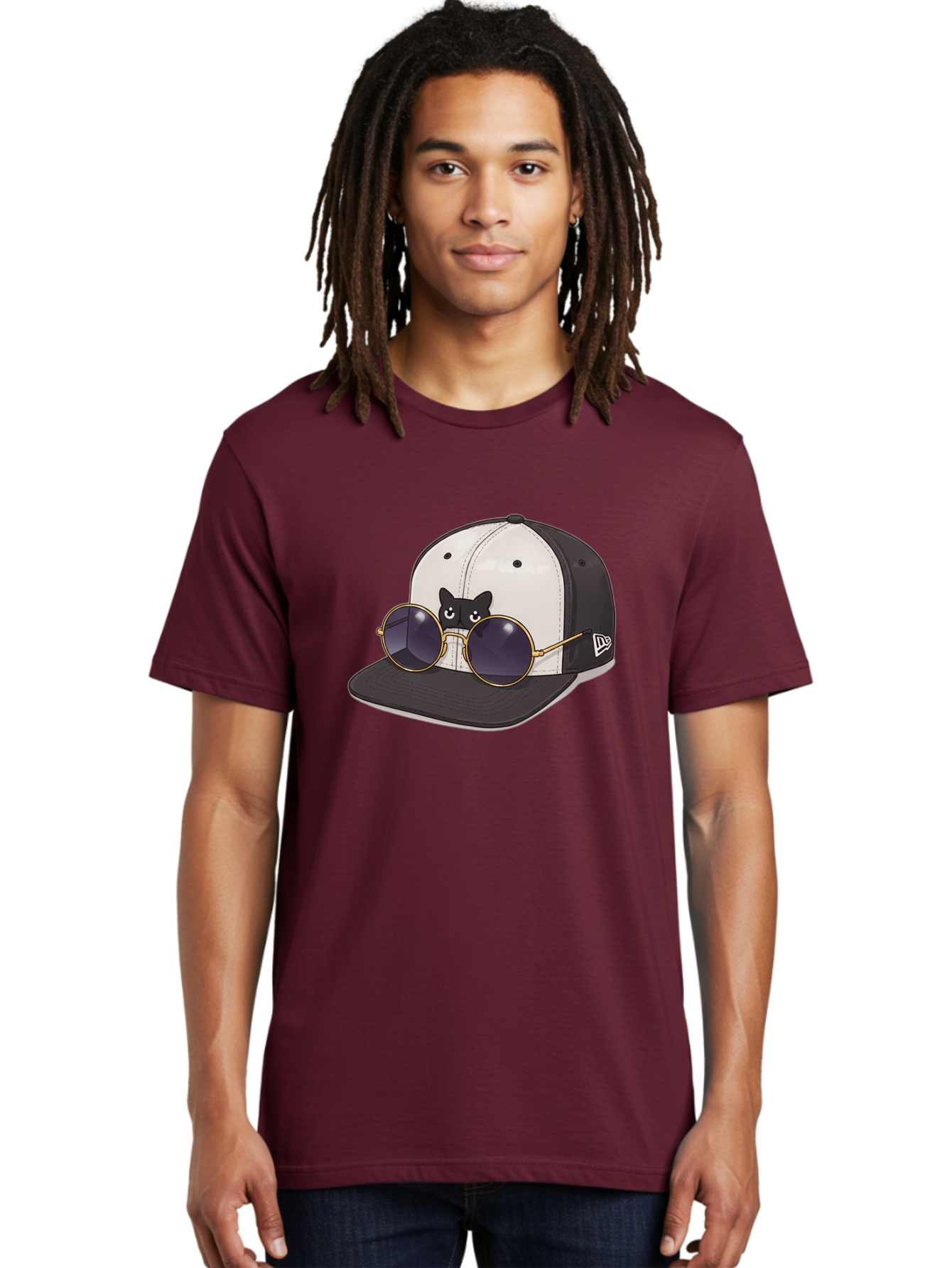 New-Era-Baseball-Cap Men'S Graphic Tee, 100% Cotton, Comfortable Casual Summer Wear, Machine Washable, Black And White Baseball Cap, New Era Logo, Cool Cat Design, Gold Aviator Sunglasses, Trendy Fashion Accessory, Stylish Hat, Bad365