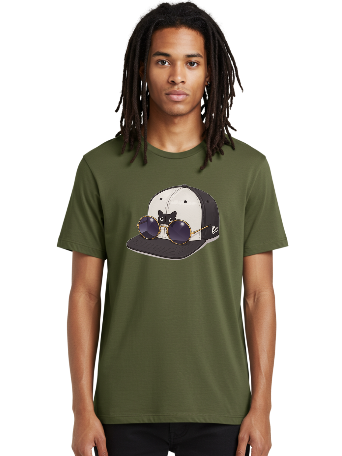 New-Era-Baseball-Cap Men'S Graphic Tee, 100% Cotton, Comfortable Casual Summer Wear, Machine Washable, Black And White Baseball Cap, New Era Logo, Cool Cat Design, Gold Aviator Sunglasses, Trendy Fashion Accessory, Stylish Hat, Bad365