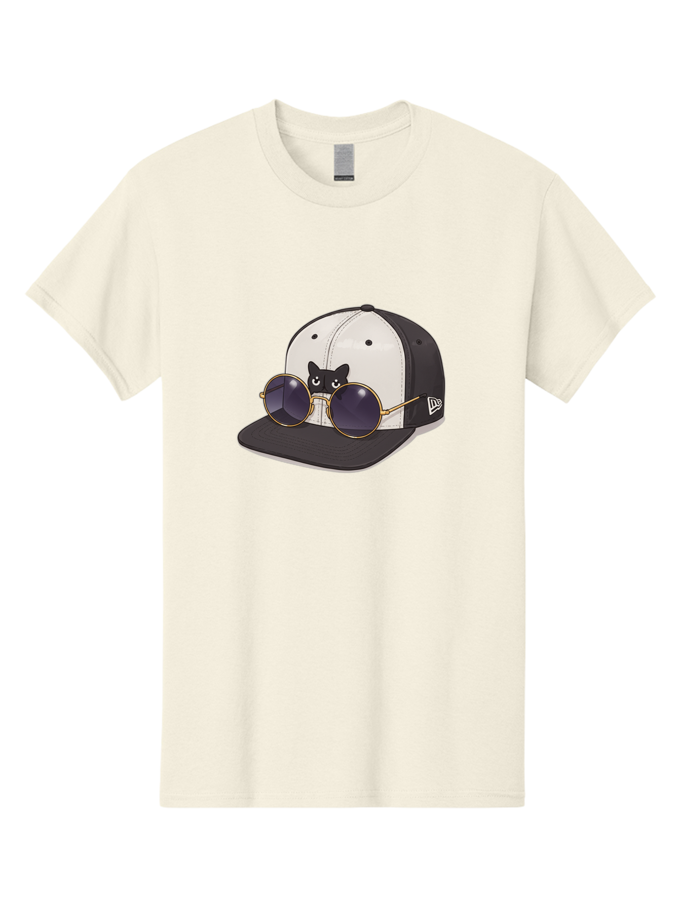 New-Era-Baseball-Cap Men'S Graphic Tee, 100% Cotton, Comfortable Casual Summer Wear, Machine Washable, Black And White Baseball Cap, New Era Logo, Cool Cat Design, Gold Aviator Sunglasses, Trendy Fashion Accessory, Stylish Hat, Bad365