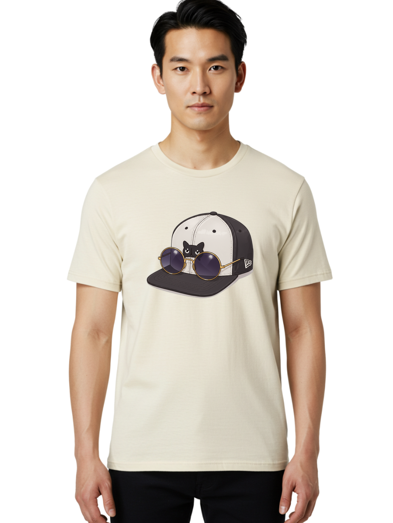 New-Era-Baseball-Cap Men'S Graphic Tee, 100% Cotton, Comfortable Casual Summer Wear, Machine Washable, Black And White Baseball Cap, New Era Logo, Cool Cat Design, Gold Aviator Sunglasses, Trendy Fashion Accessory, Stylish Hat, Bad365
