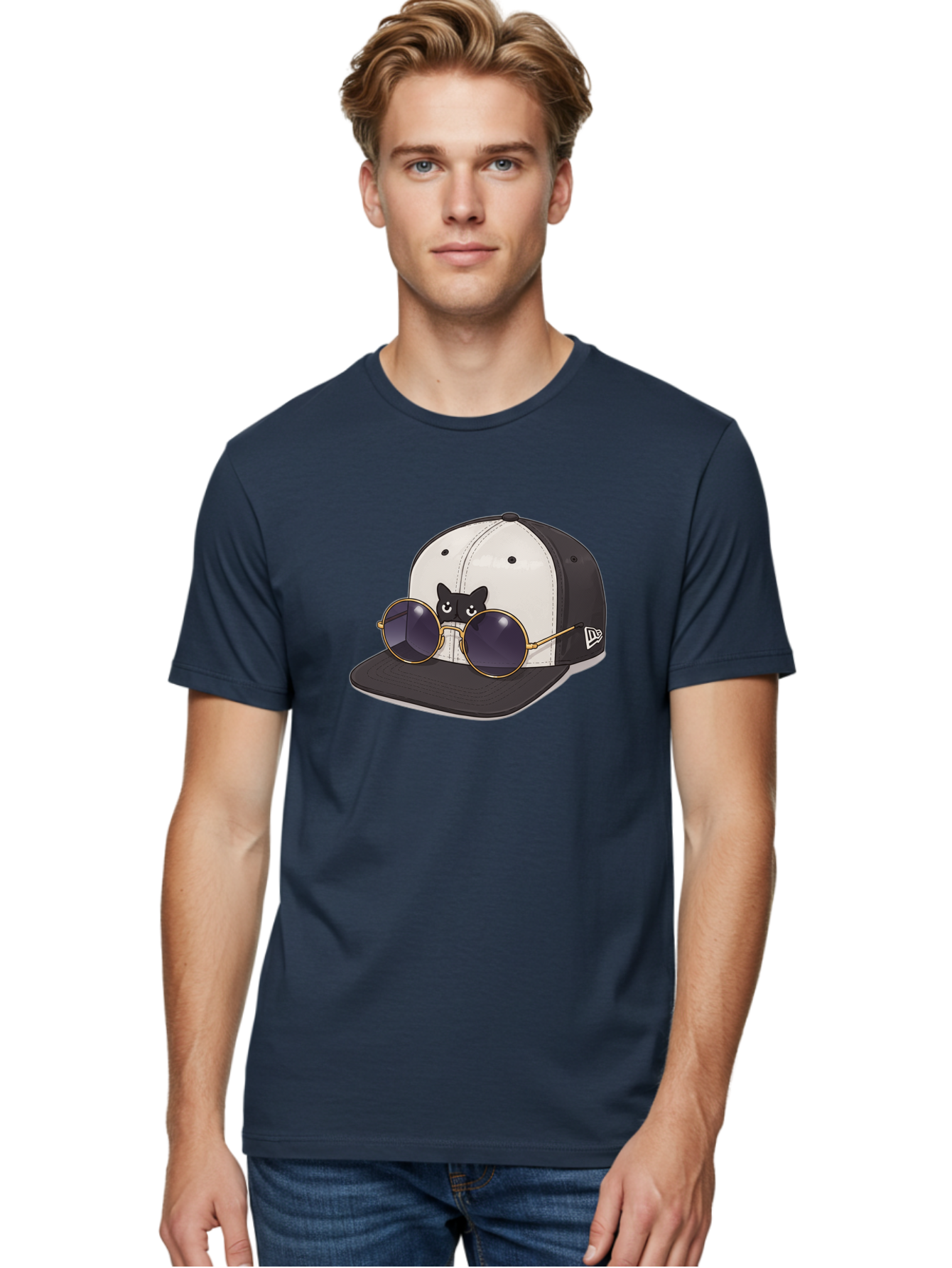 New-Era-Baseball-Cap Men'S Graphic Tee, 100% Cotton, Comfortable Casual Summer Wear, Machine Washable, Black And White Baseball Cap, New Era Logo, Cool Cat Design, Gold Aviator Sunglasses, Trendy Fashion Accessory, Stylish Hat, Bad365