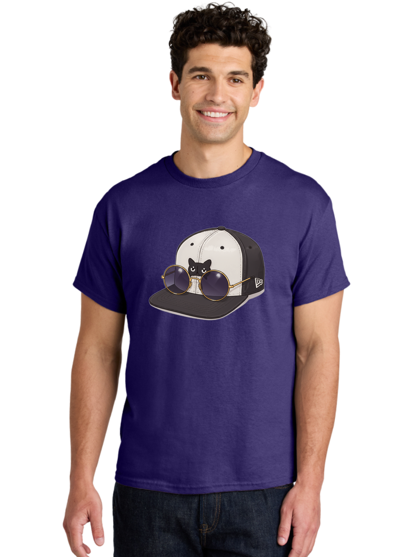 New-Era-Baseball-Cap Men'S Graphic Tee, 100% Cotton, Comfortable Casual Summer Wear, Machine Washable, Black And White Baseball Cap, New Era Logo, Cool Cat Design, Gold Aviator Sunglasses, Trendy Fashion Accessory, Stylish Hat, Bad365