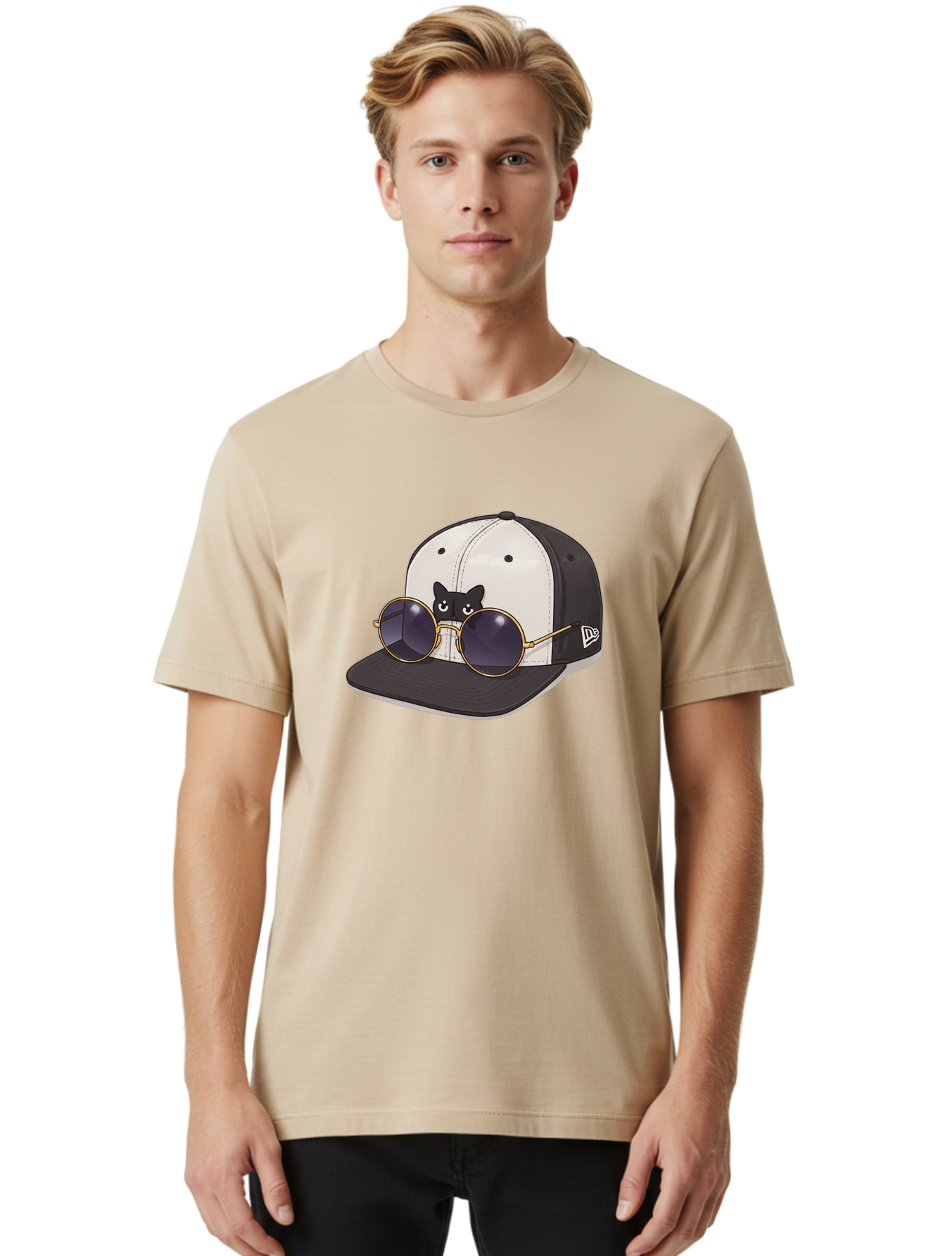 New-Era-Baseball-Cap Men'S Graphic Tee, 100% Cotton, Comfortable Casual Summer Wear, Machine Washable, Black And White Baseball Cap, New Era Logo, Cool Cat Design, Gold Aviator Sunglasses, Trendy Fashion Accessory, Stylish Hat, Bad365