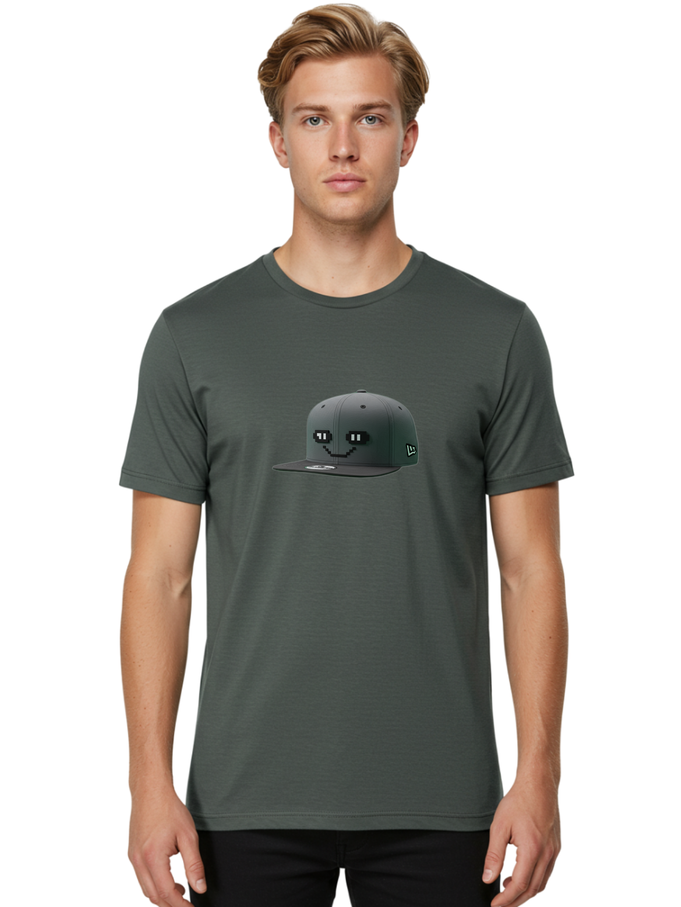New-Era-Cap-1 Men'S Graphic Tee, 100% Cotton, Comfortable Casual Summer Wear, Machine Washable, Black Snapback Hat, Pac-Man Design, Pixel Art, Gaming Accessory, Streetwear Fashion, Trendy Apparel, Casual Wear, Black Cap Bad366