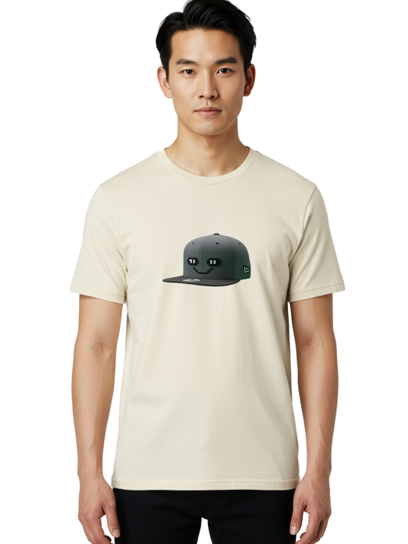New-Era-Cap-1 Men'S Graphic Tee, 100% Cotton, Comfortable Casual Summer Wear, Machine Washable, Black Snapback Hat, Pac-Man Design, Pixel Art, Gaming Accessory, Streetwear Fashion, Trendy Apparel, Casual Wear, Black Cap Bad366
