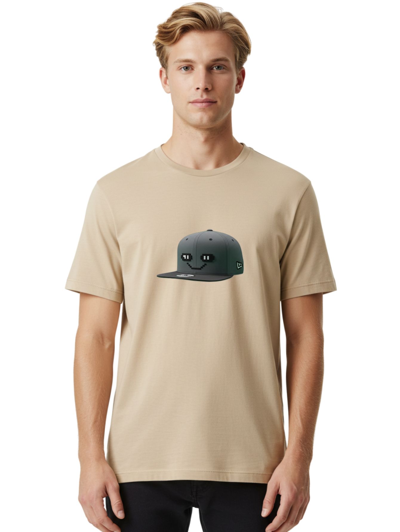 New-Era-Cap-1 Men'S Graphic Tee, 100% Cotton, Comfortable Casual Summer Wear, Machine Washable, Black Snapback Hat, Pac-Man Design, Pixel Art, Gaming Accessory, Streetwear Fashion, Trendy Apparel, Casual Wear, Black Cap Bad366