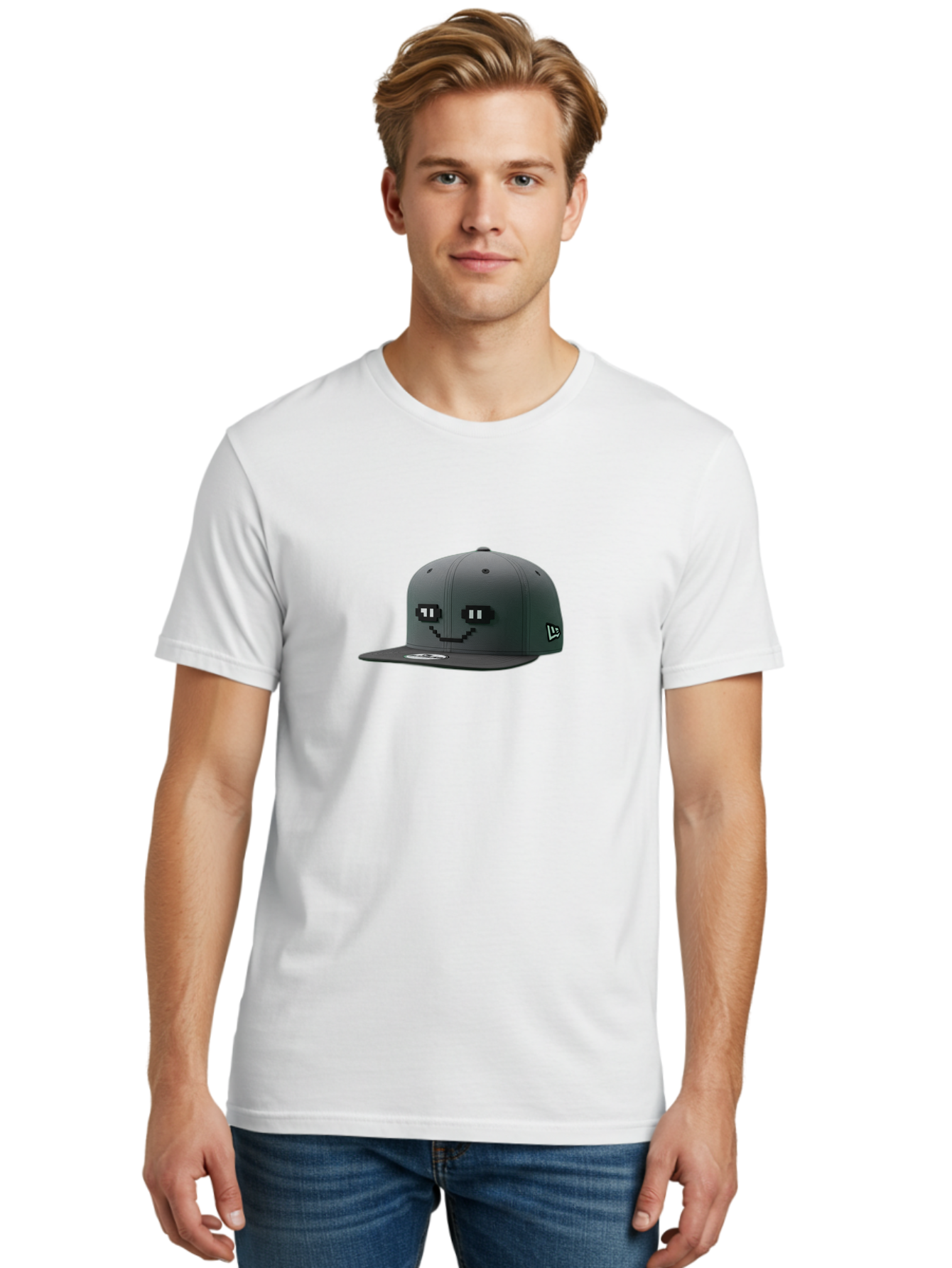 New-Era-Cap-1 Men'S Graphic Tee, 100% Cotton, Comfortable Casual Summer Wear, Machine Washable, Black Snapback Hat, Pac-Man Design, Pixel Art, Gaming Accessory, Streetwear Fashion, Trendy Apparel, Casual Wear, Black Cap Bad366