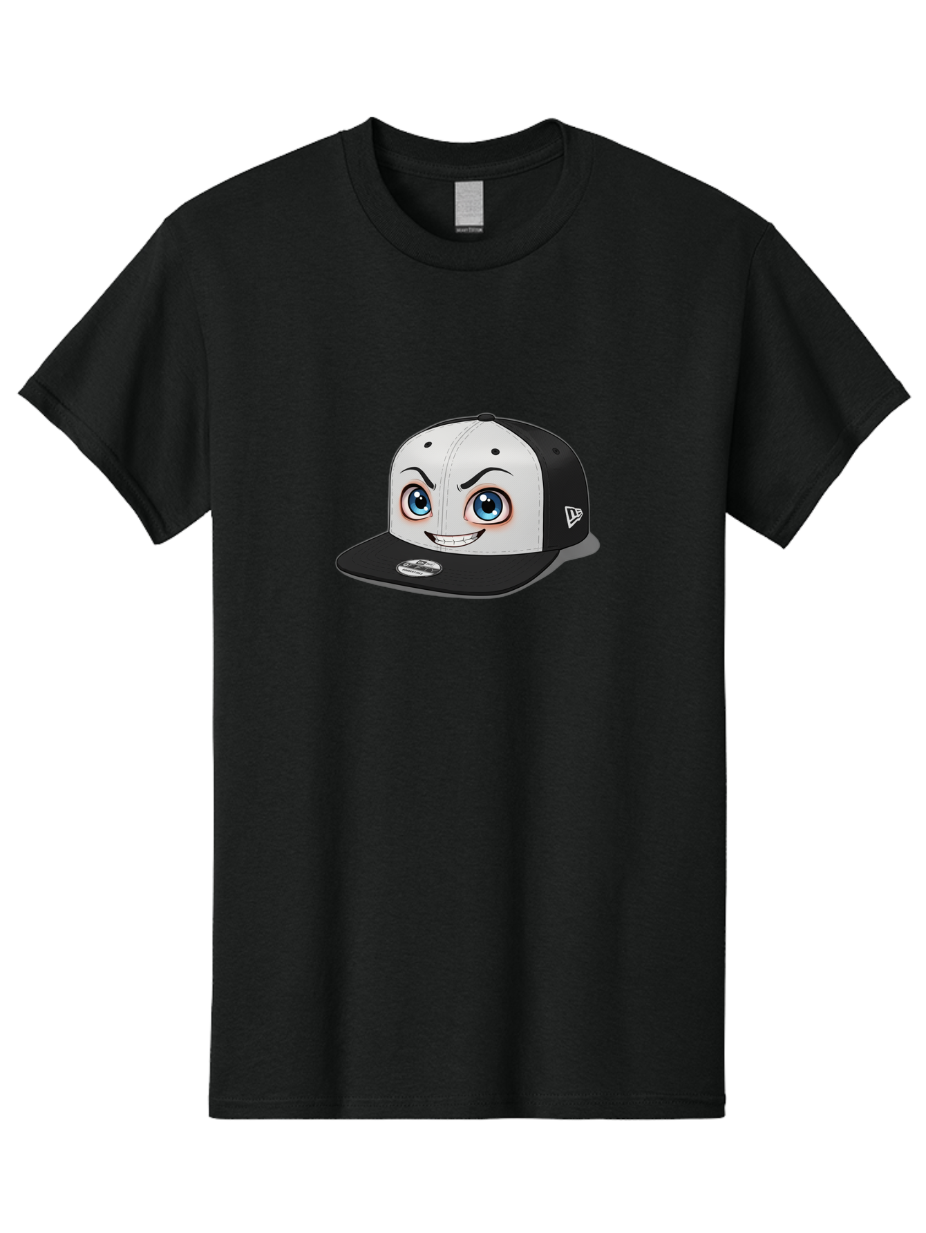 New-Era-Cap-2 Men'S Graphic Tee, 100% Cotton, Comfortable Casual Summer Wear, Machine Washable, Black And White Baseball Cap, Cartoon-Style Face On Front, Blue Eyes, Eyebrows, Smile, New Era Logo On Side, Trendy Accessories, Bad367
