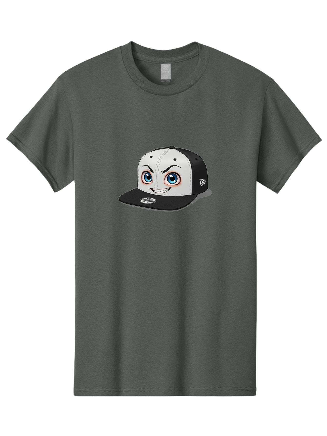 New-Era-Cap-2 Men'S Graphic Tee, 100% Cotton, Comfortable Casual Summer Wear, Machine Washable, Black And White Baseball Cap, Cartoon-Style Face On Front, Blue Eyes, Eyebrows, Smile, New Era Logo On Side, Trendy Accessories, Bad367