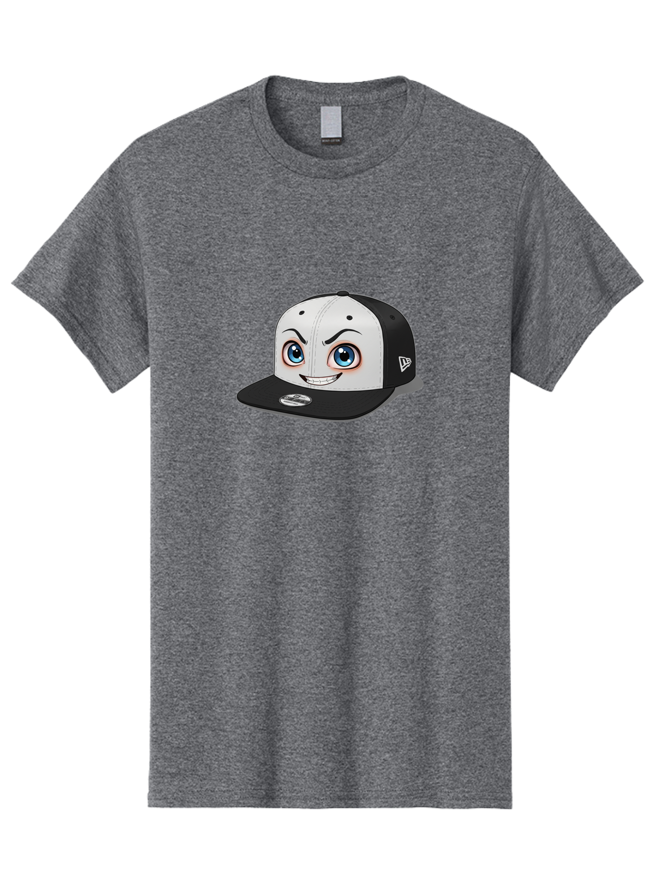 New-Era-Cap-2 Men'S Graphic Tee, 100% Cotton, Comfortable Casual Summer Wear, Machine Washable, Black And White Baseball Cap, Cartoon-Style Face On Front, Blue Eyes, Eyebrows, Smile, New Era Logo On Side, Trendy Accessories, Bad367