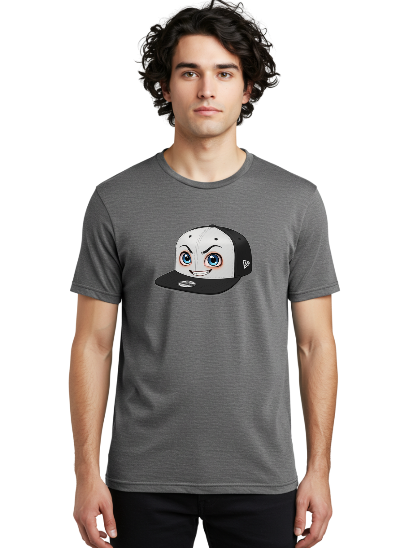 New-Era-Cap-2 Men'S Graphic Tee, 100% Cotton, Comfortable Casual Summer Wear, Machine Washable, Black And White Baseball Cap, Cartoon-Style Face On Front, Blue Eyes, Eyebrows, Smile, New Era Logo On Side, Trendy Accessories, Bad367
