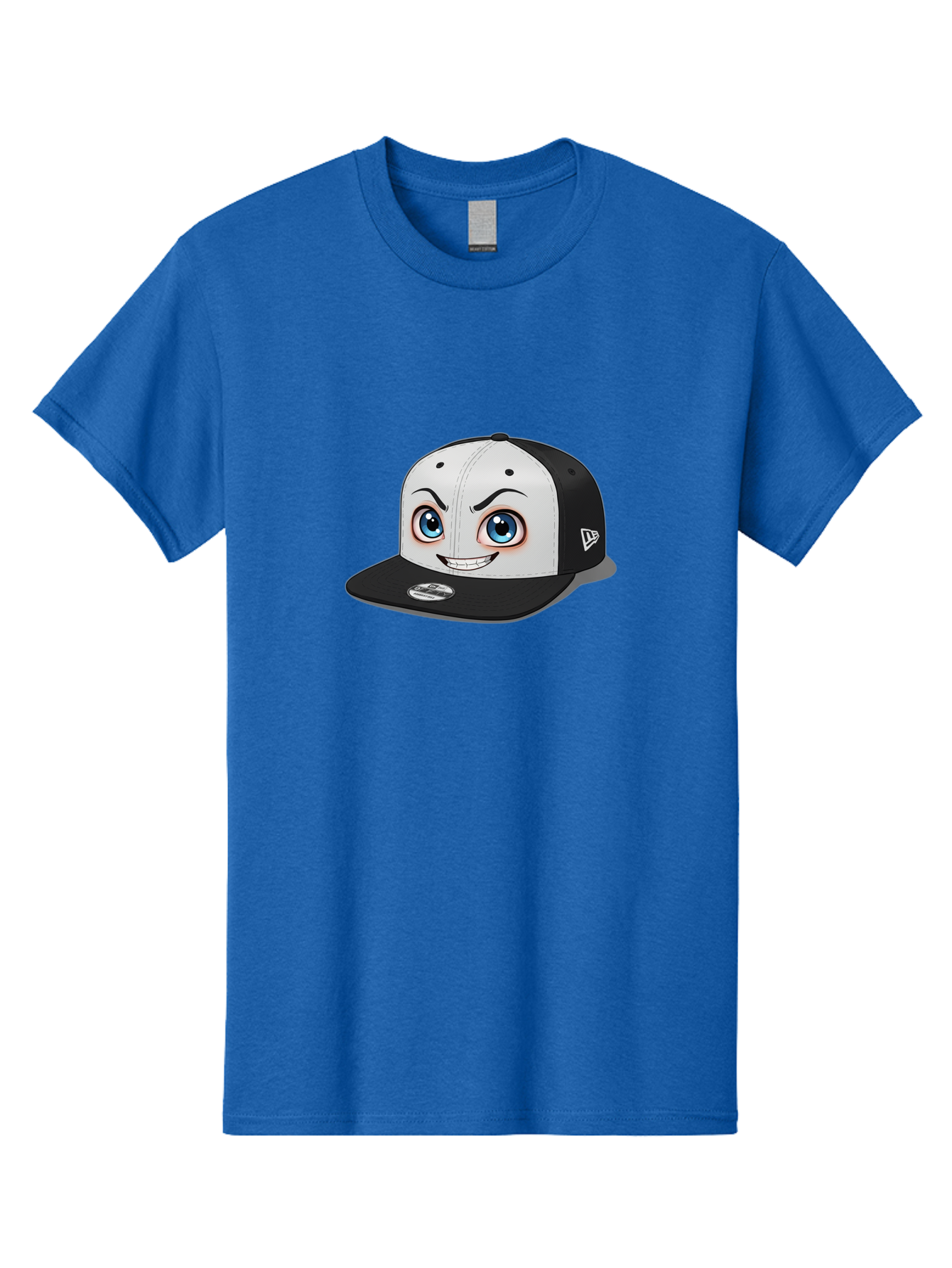 New-Era-Cap-2 Men'S Graphic Tee, 100% Cotton, Comfortable Casual Summer Wear, Machine Washable, Black And White Baseball Cap, Cartoon-Style Face On Front, Blue Eyes, Eyebrows, Smile, New Era Logo On Side, Trendy Accessories, Bad367