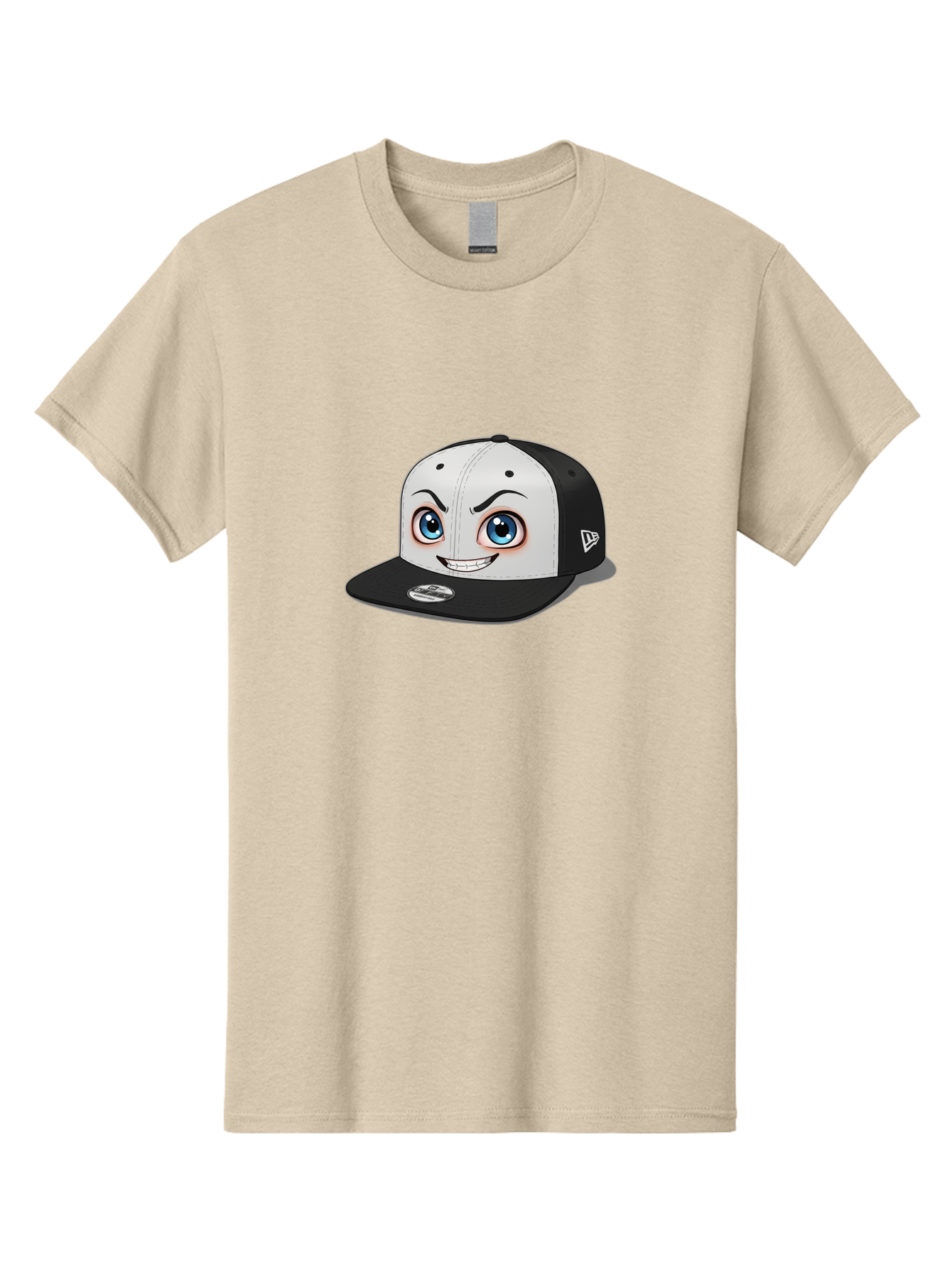 New-Era-Cap-2 Men'S Graphic Tee, 100% Cotton, Comfortable Casual Summer Wear, Machine Washable, Black And White Baseball Cap, Cartoon-Style Face On Front, Blue Eyes, Eyebrows, Smile, New Era Logo On Side, Trendy Accessories, Bad367